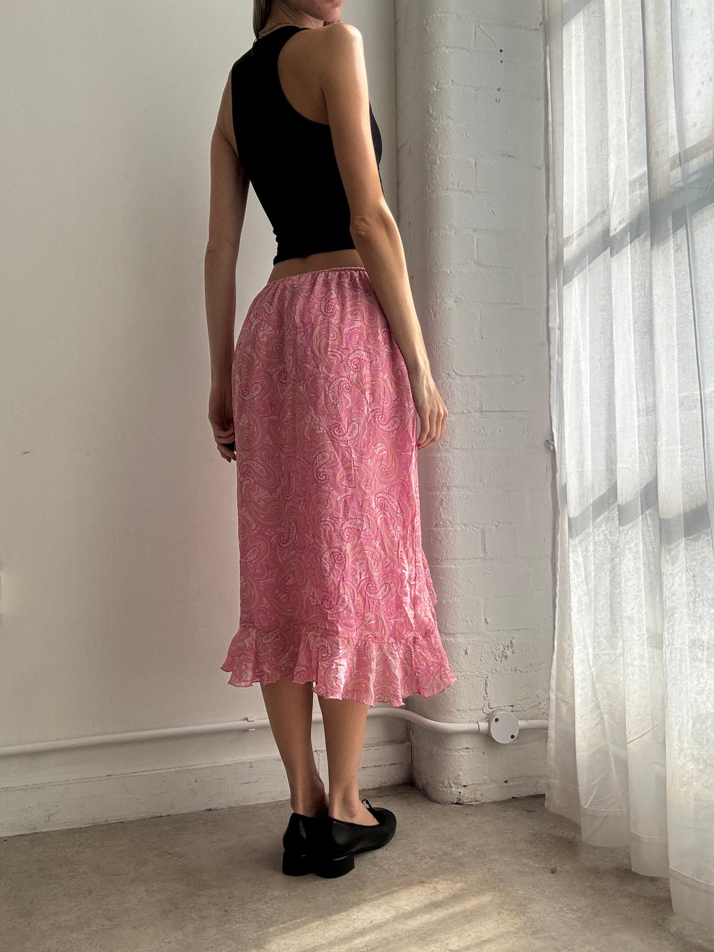 Vintage Y2K pink paisley print mesh midi skirt ruffle