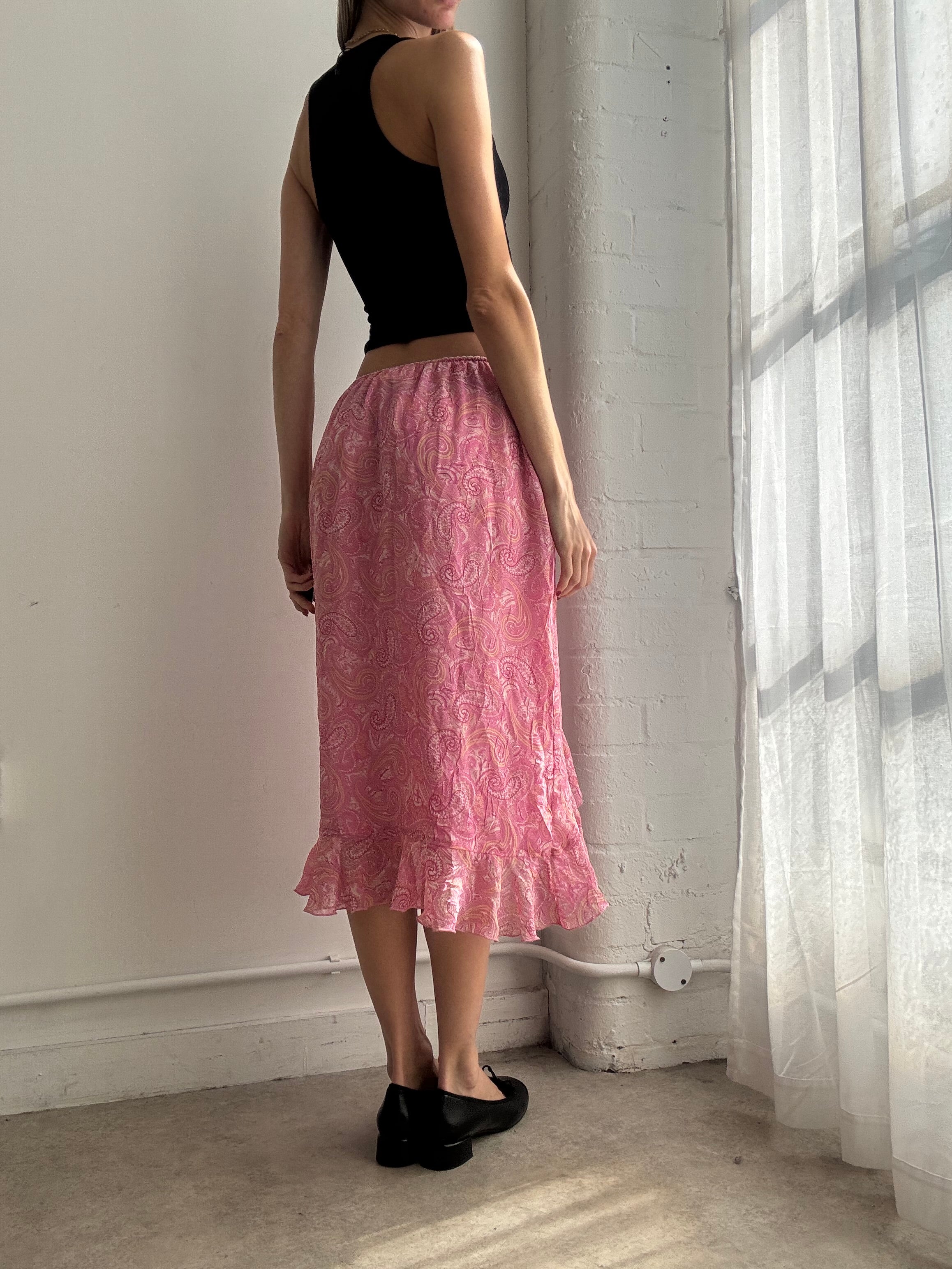 Vintage Y2K pink paisley print mesh midi skirt ruffle