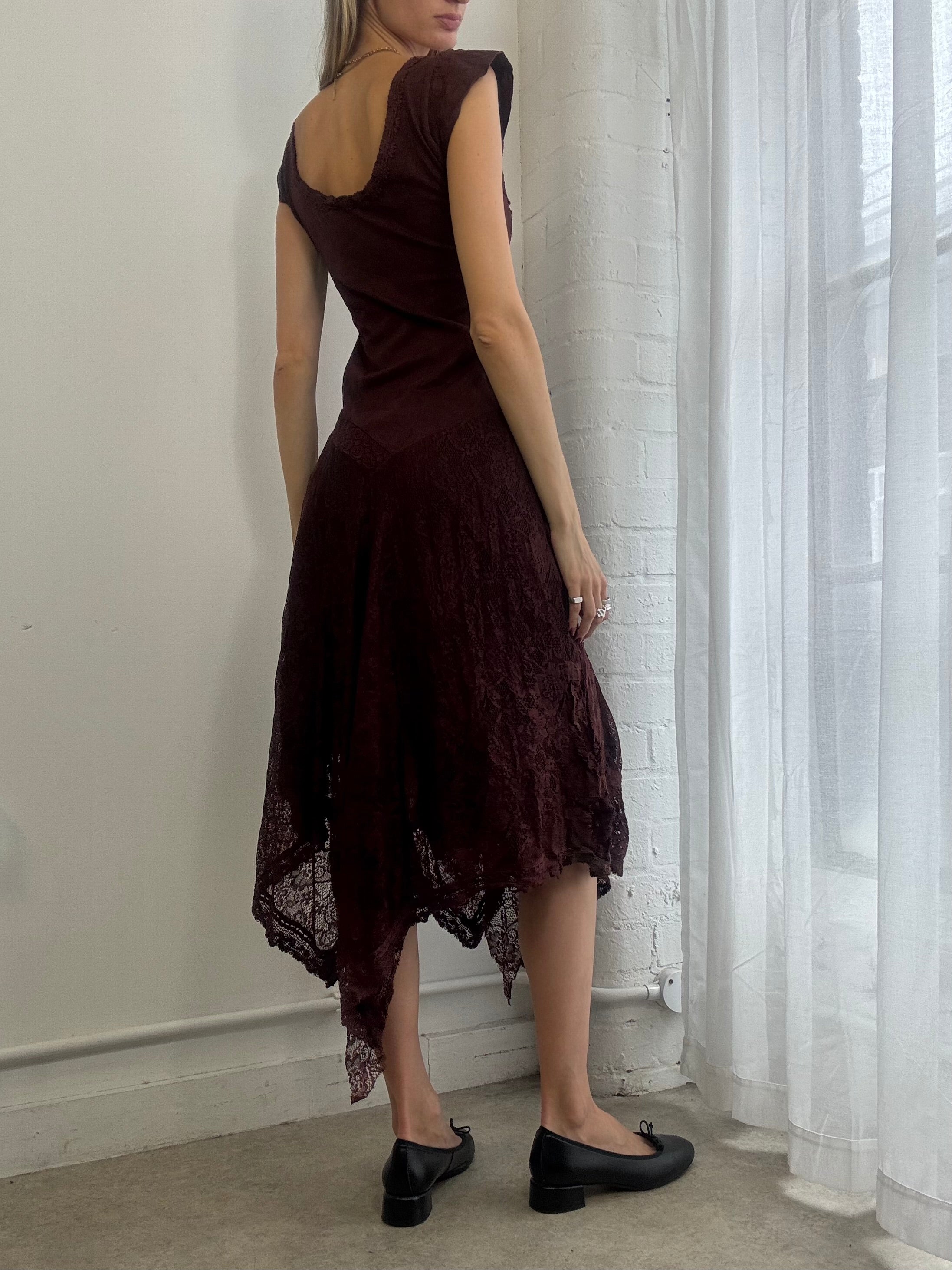 Vintage Y2k Asymmetric Lace Midi Dress Brown Fairy