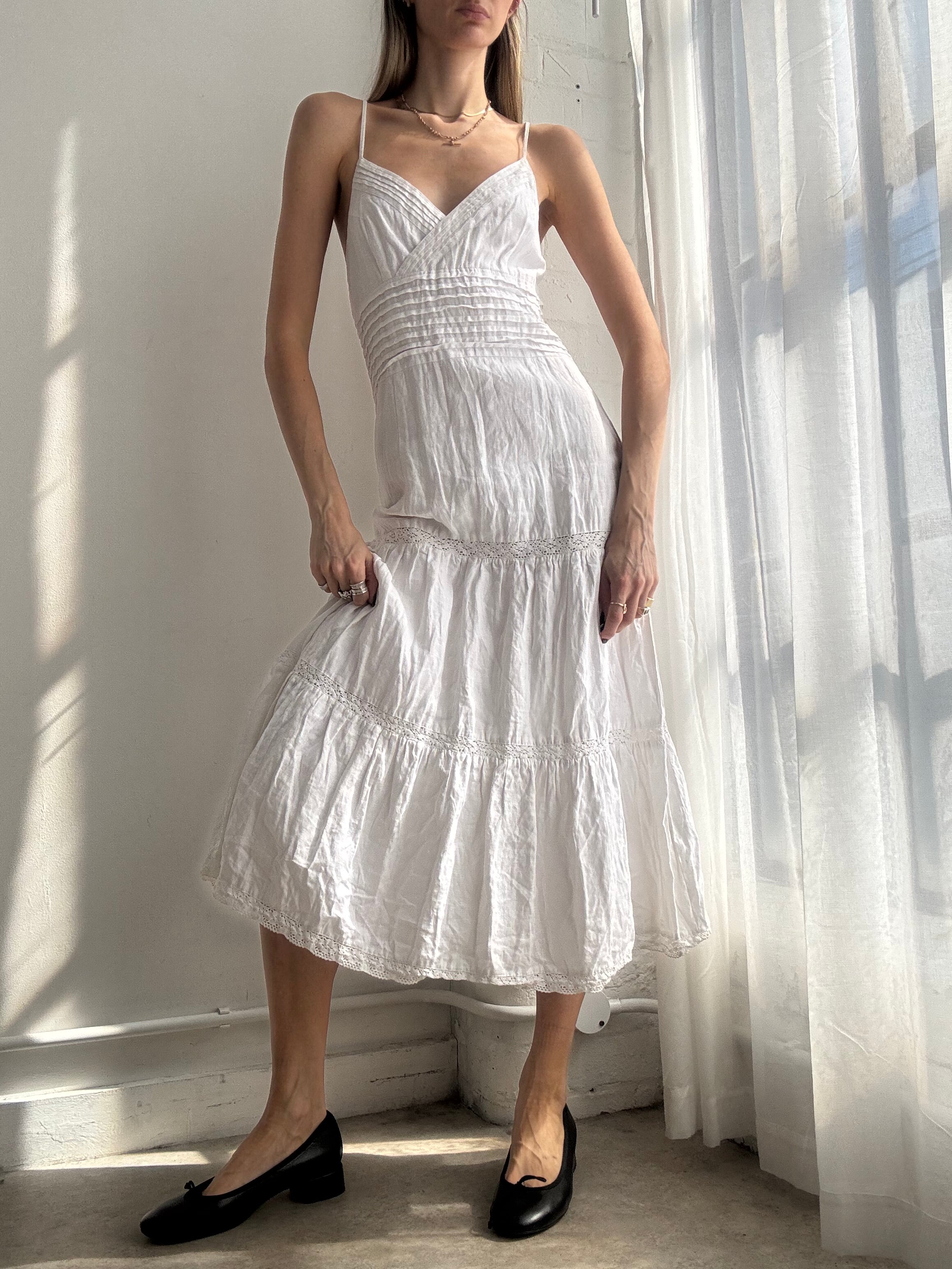 Vintage Y2K white tiered midi cotton summer dress - Size S