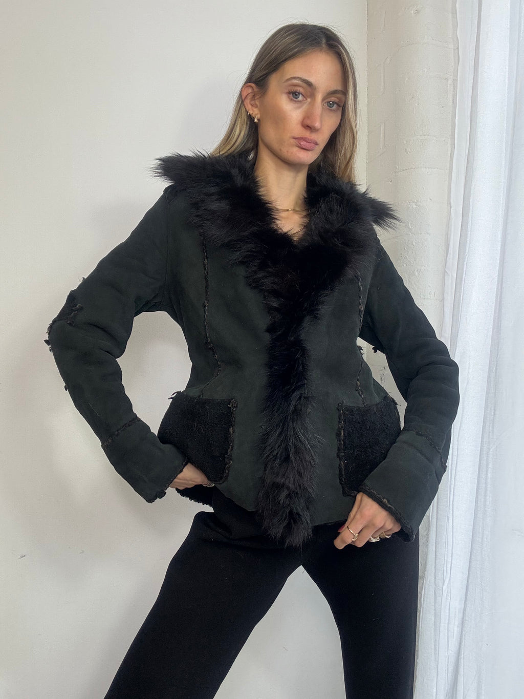 Vintage Y2K black sheepskin suede & fur trim jacket