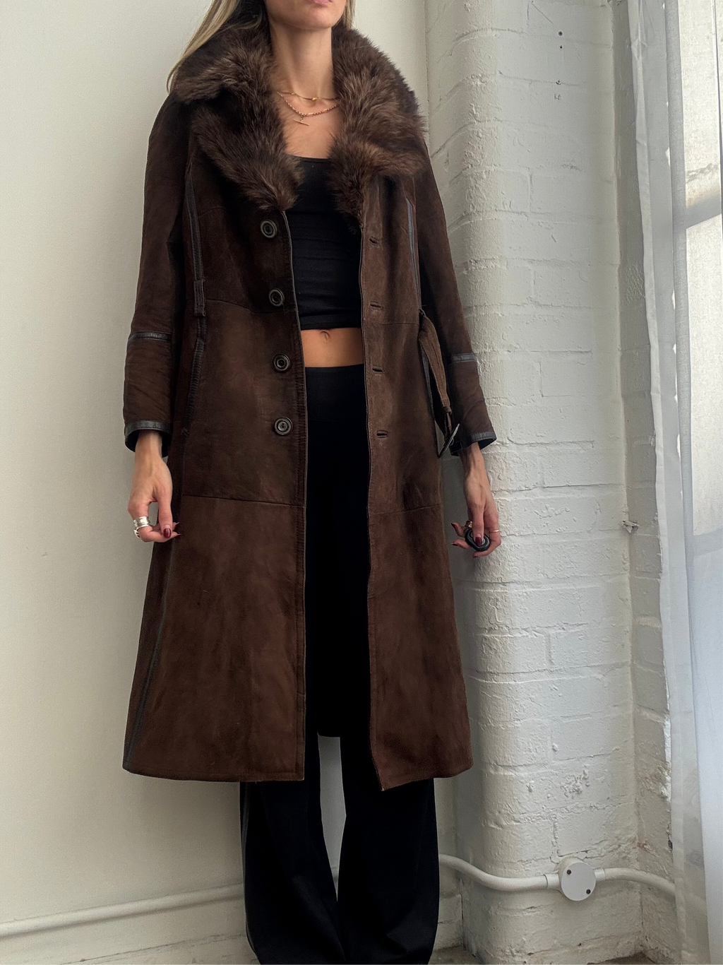 Vintage 90s brown suede sheepskin coat belted