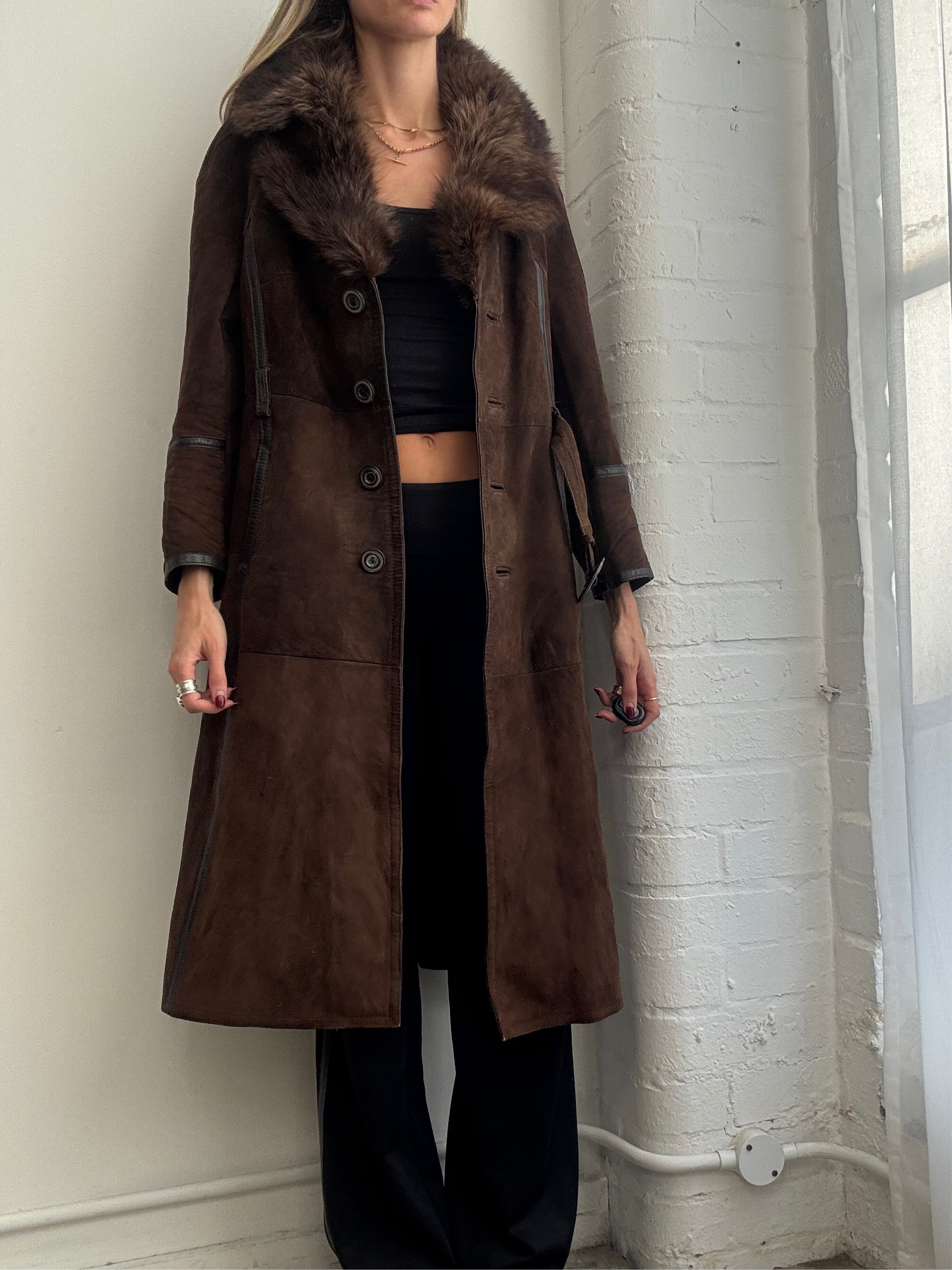 Vintage 90s brown suede sheepskin coat belted