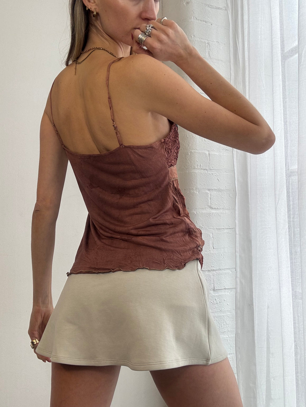 Vintage Y2K brown silk & lace trim cami top