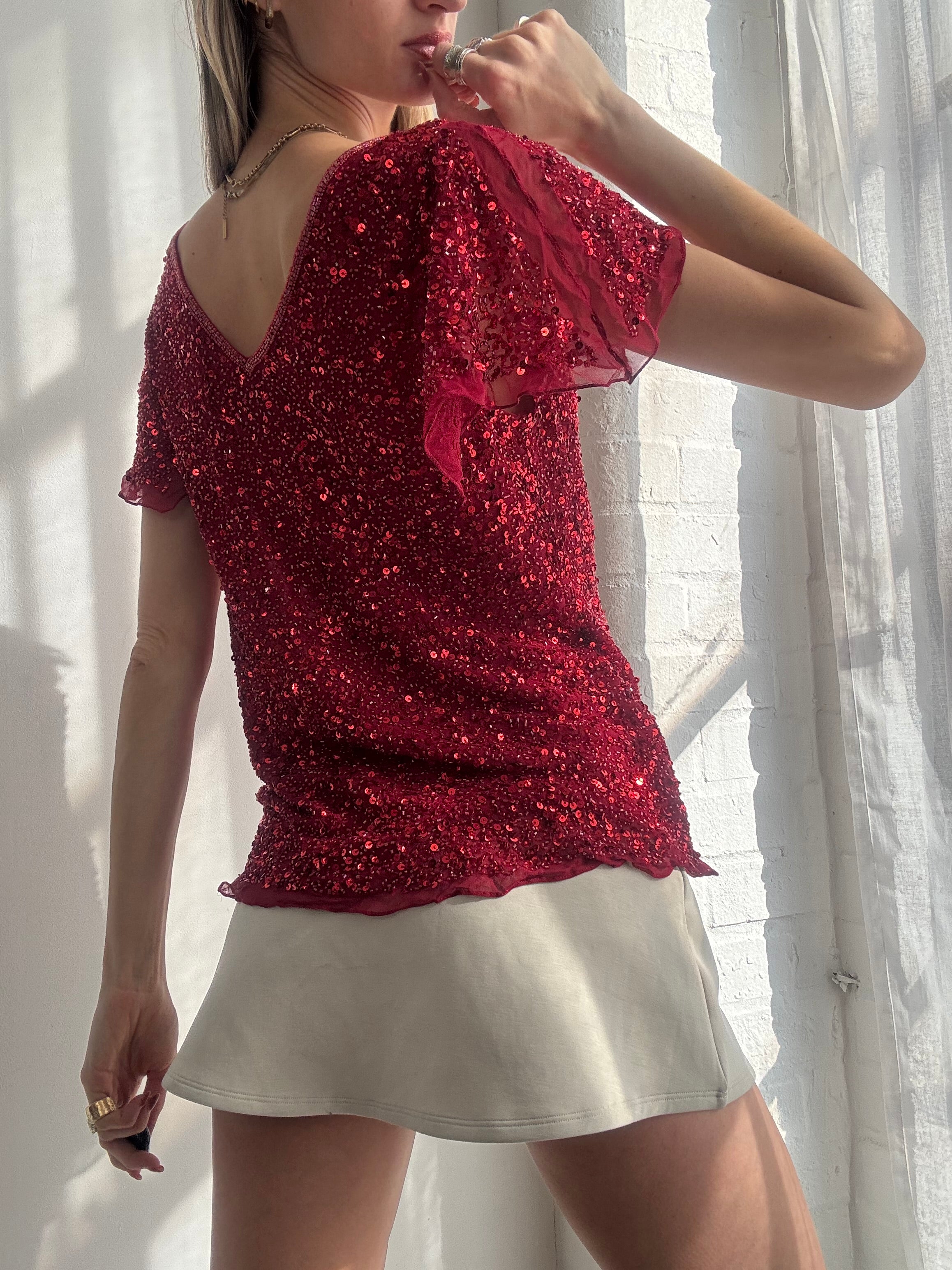Vintage Y2K red sequin silk flutter sleeve top