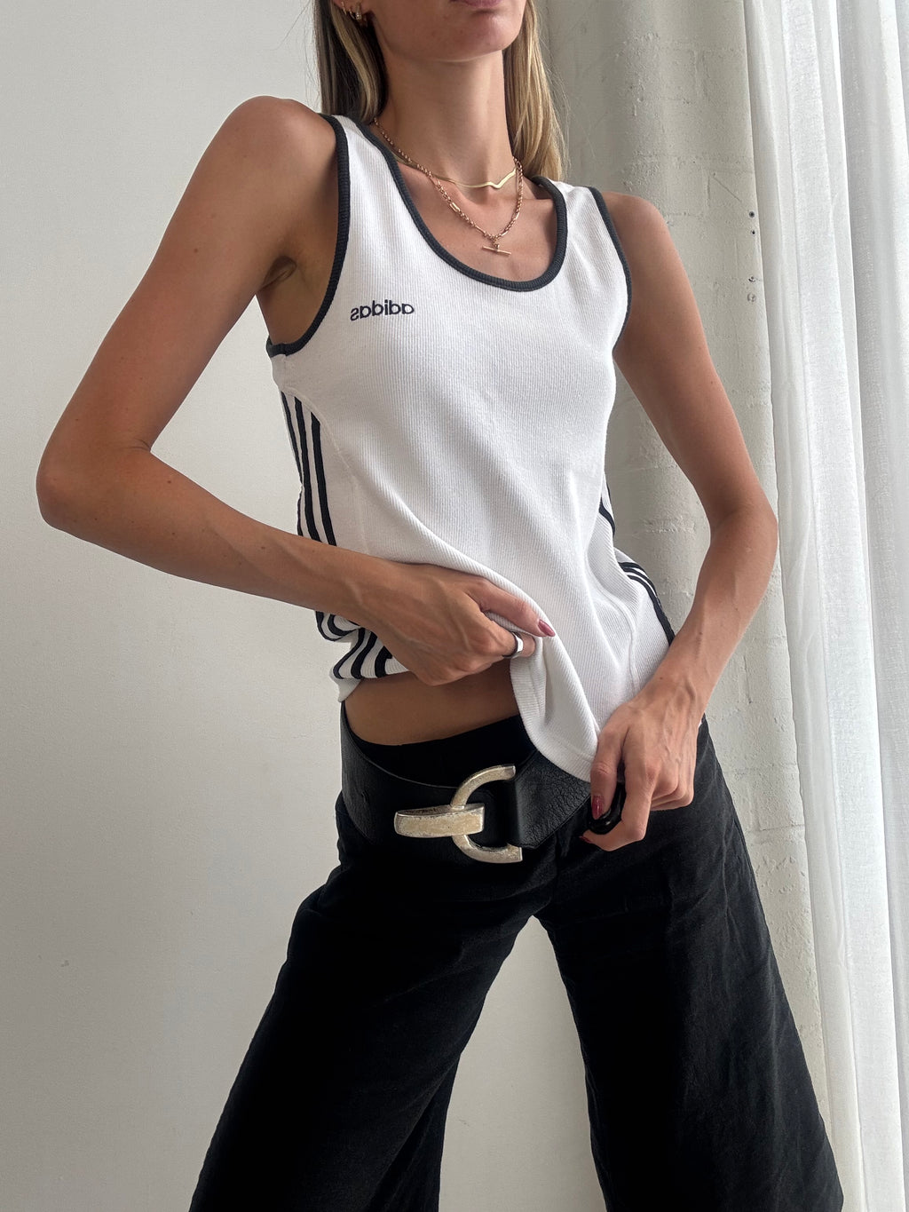 Vintage Adidas Y2K White Three Stripe Tank Top - Size S