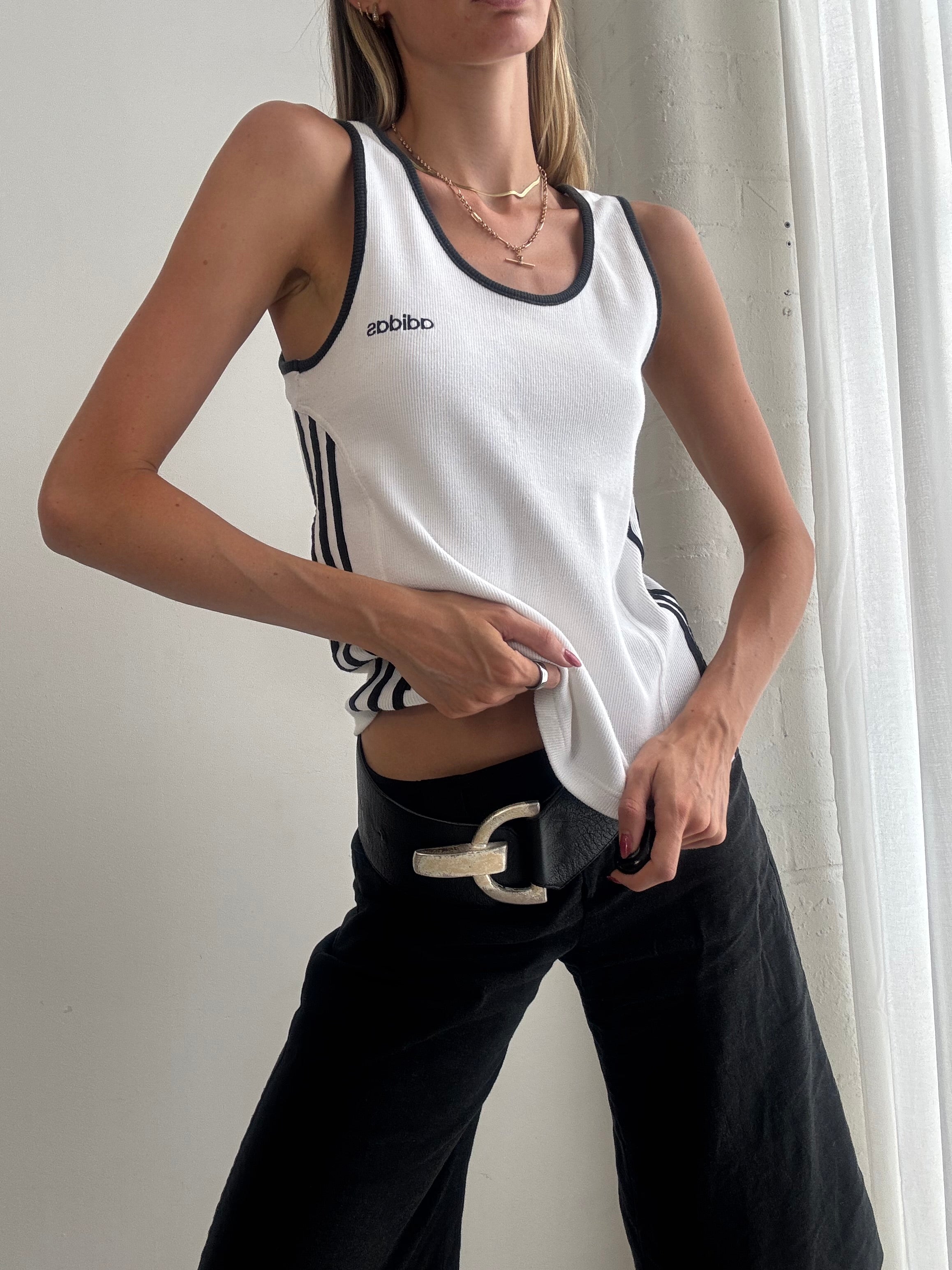 Vintage Adidas Y2K White Three Stripe Tank Top - Size S