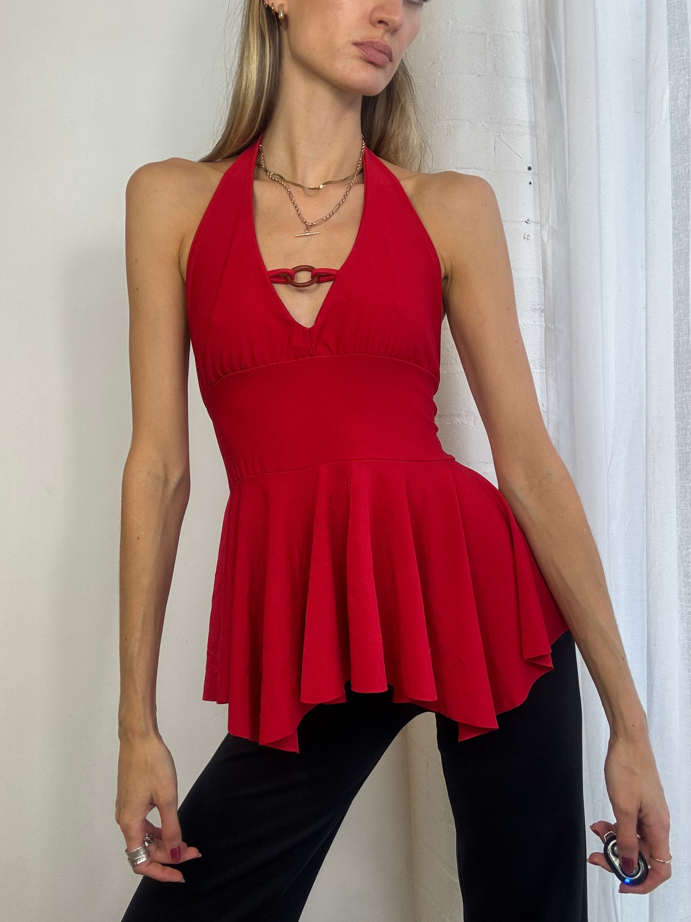 Vintage Y2K red halter neck top asymmetric
