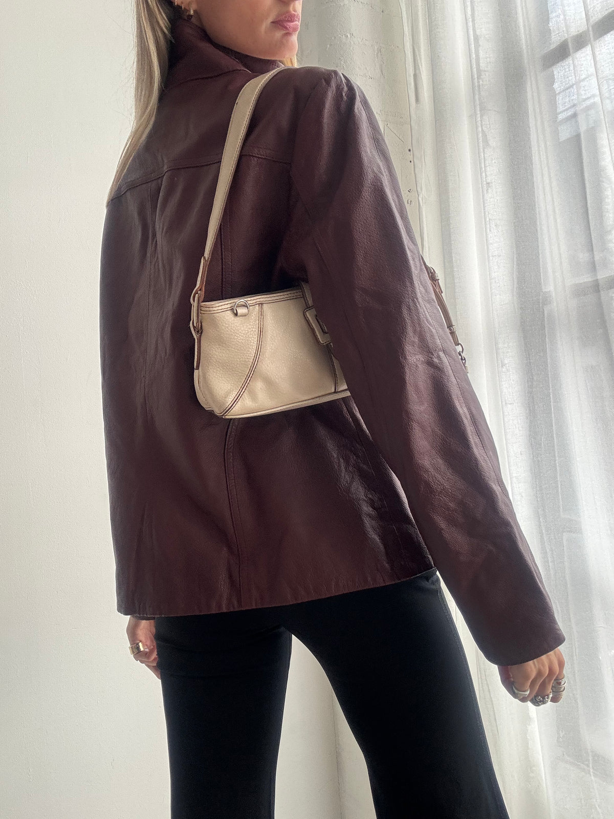 Vintage Y2K Burgundy Leather Zip Up Jacket - Size L