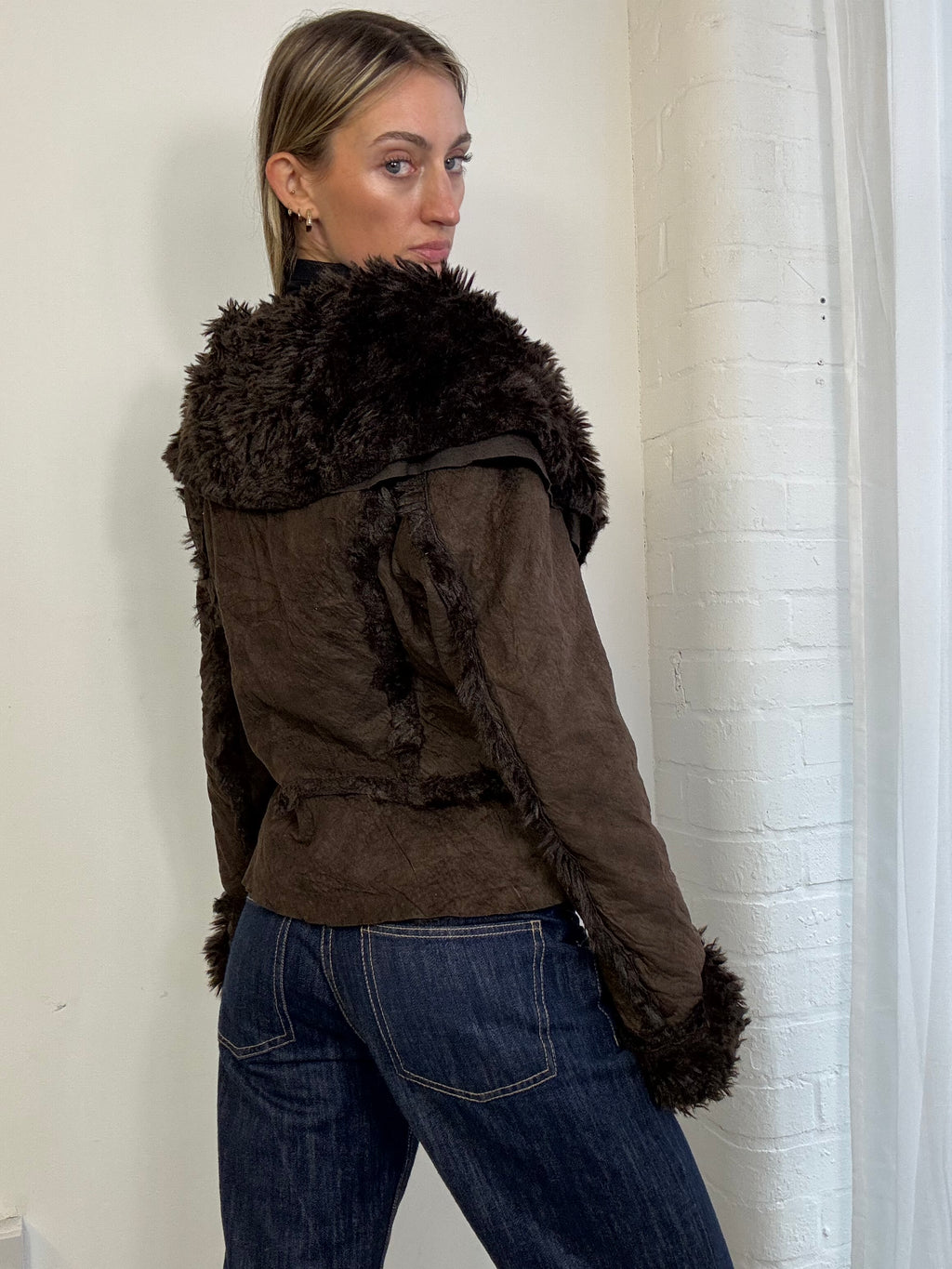 Vintage Y2K faux fur asymmetric jacket