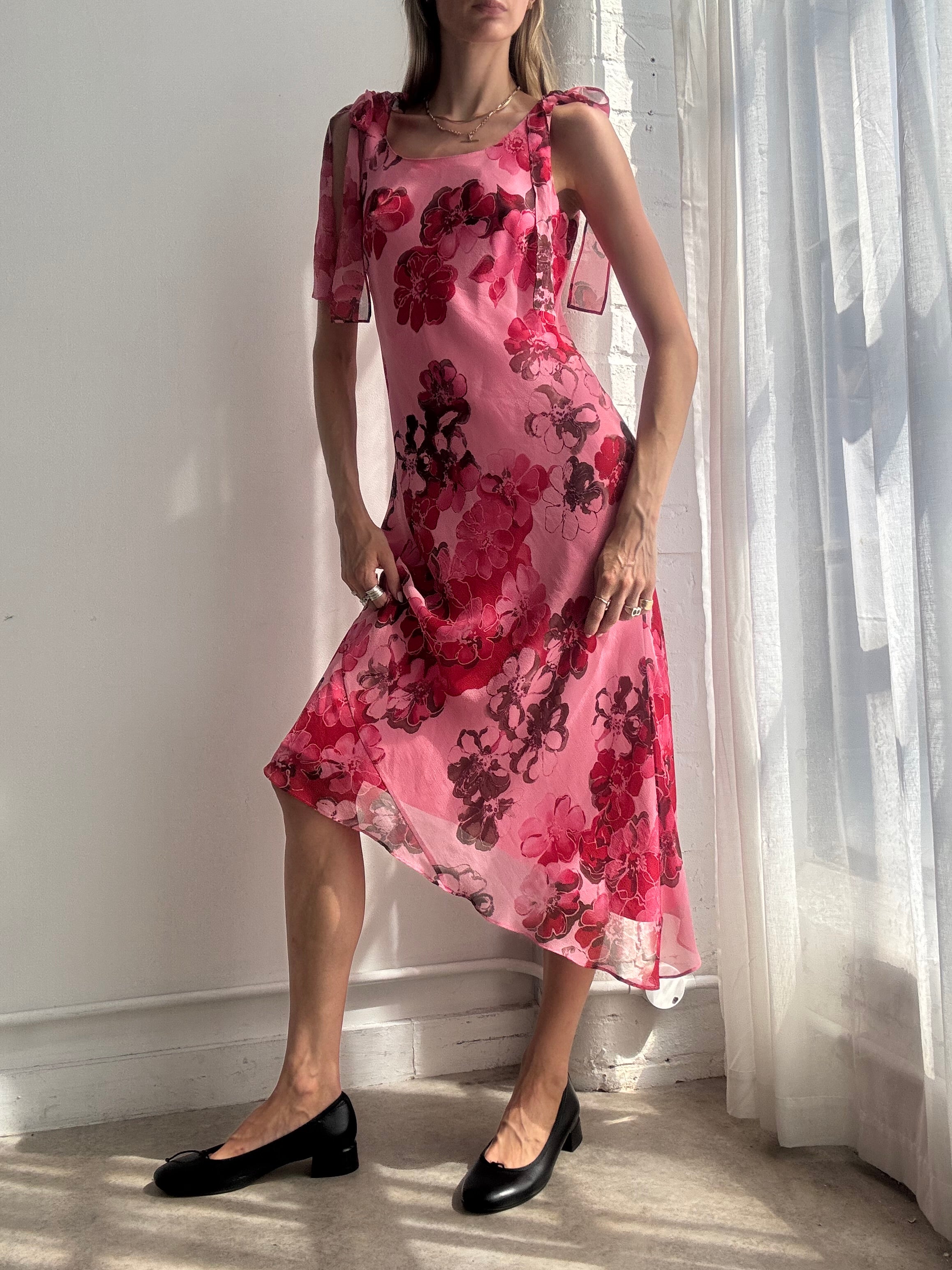 Vintage Y2K Pink Floral Silk Handkerchief Midi Dress