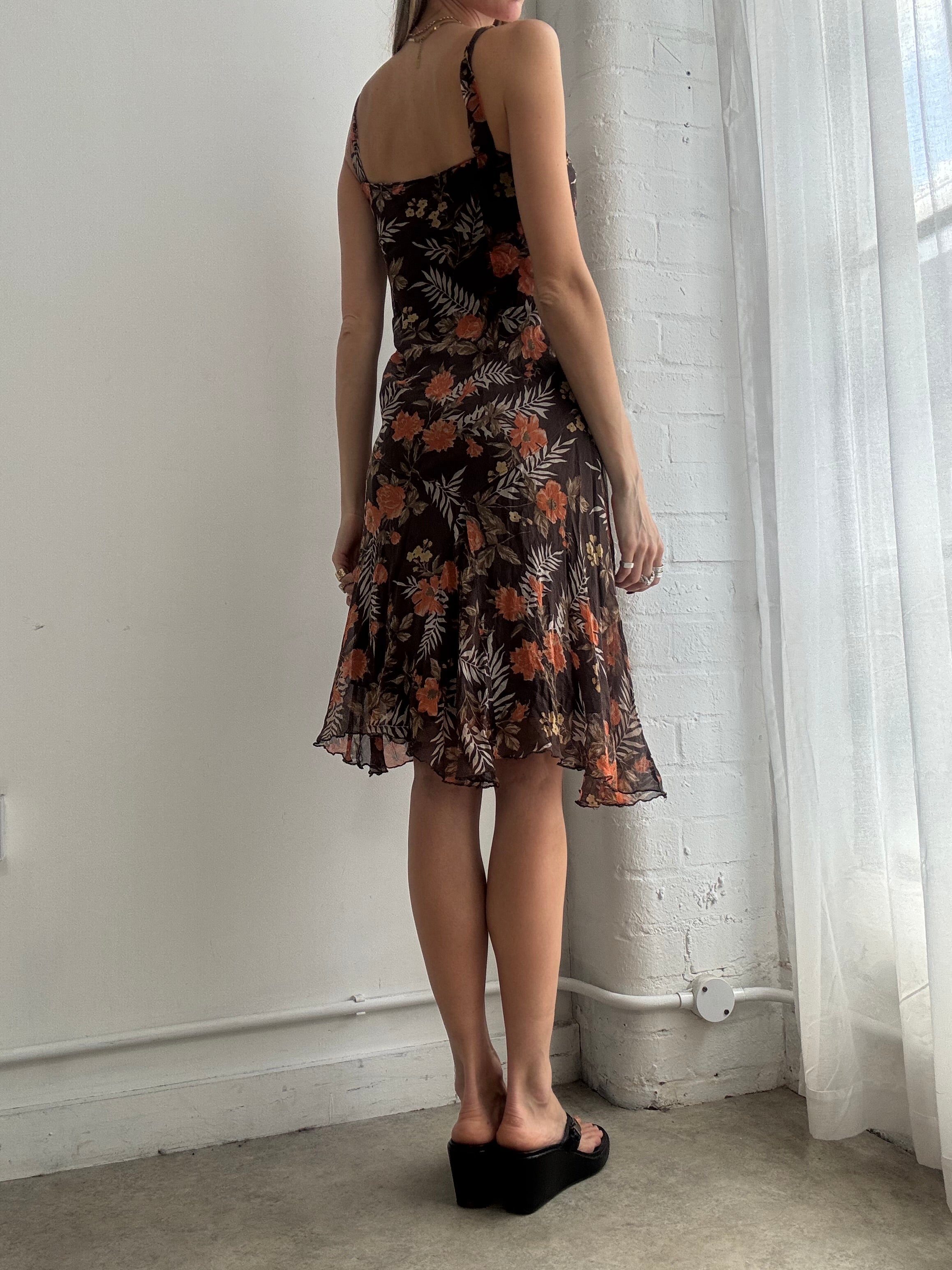 Vintage Y2k floral ruffle hem silk midi dress - Size S/M