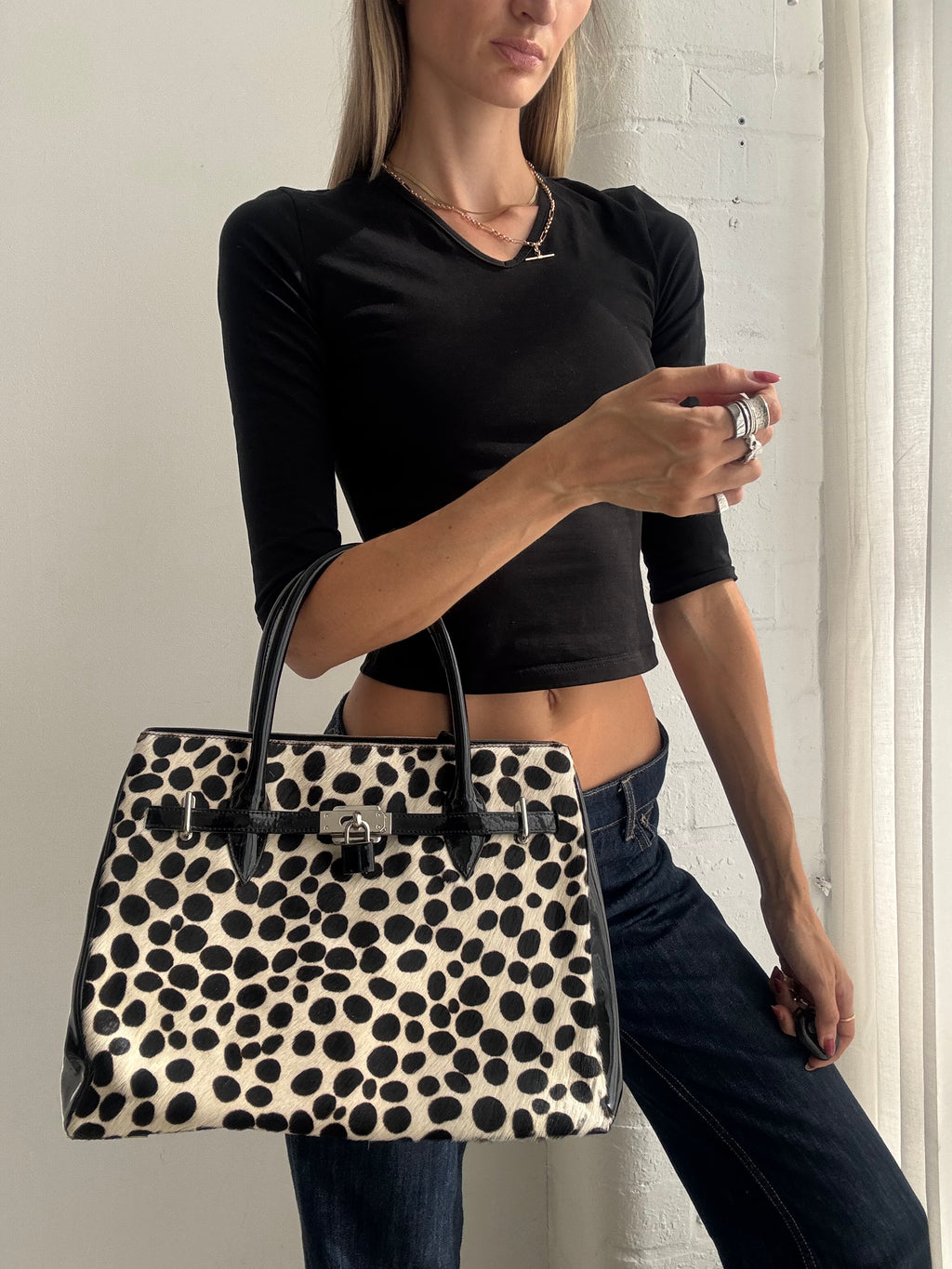 Vintage Y2K Black & White Leopard Print Ponyskin Structured Handbag