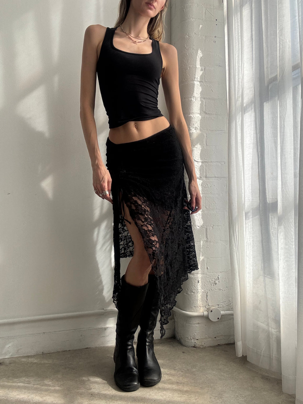 Vintage Y2K black lace asymmetric midi skirt