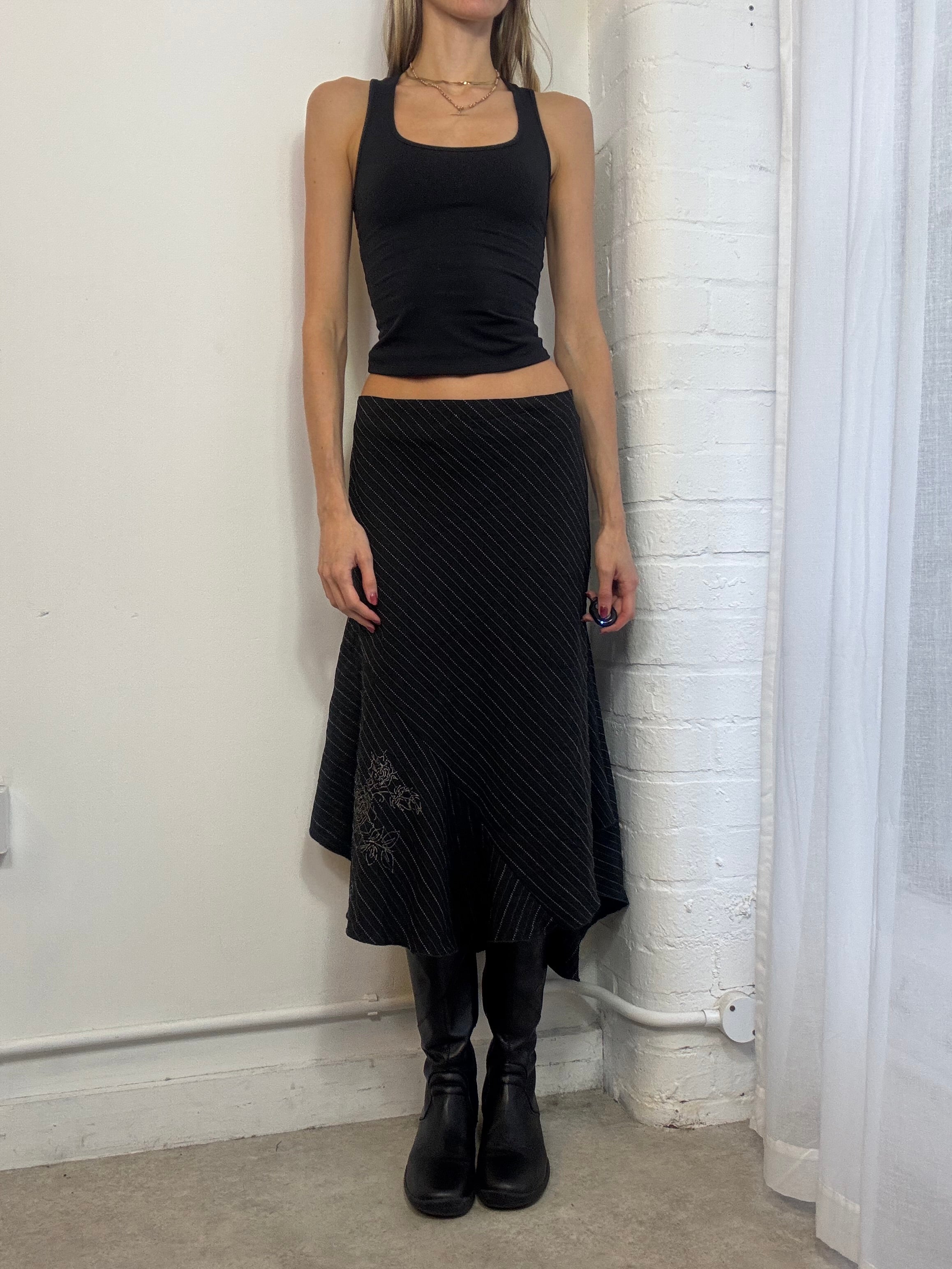 Vintage Y2K pinstripe asymmetric ruffle midi skirt