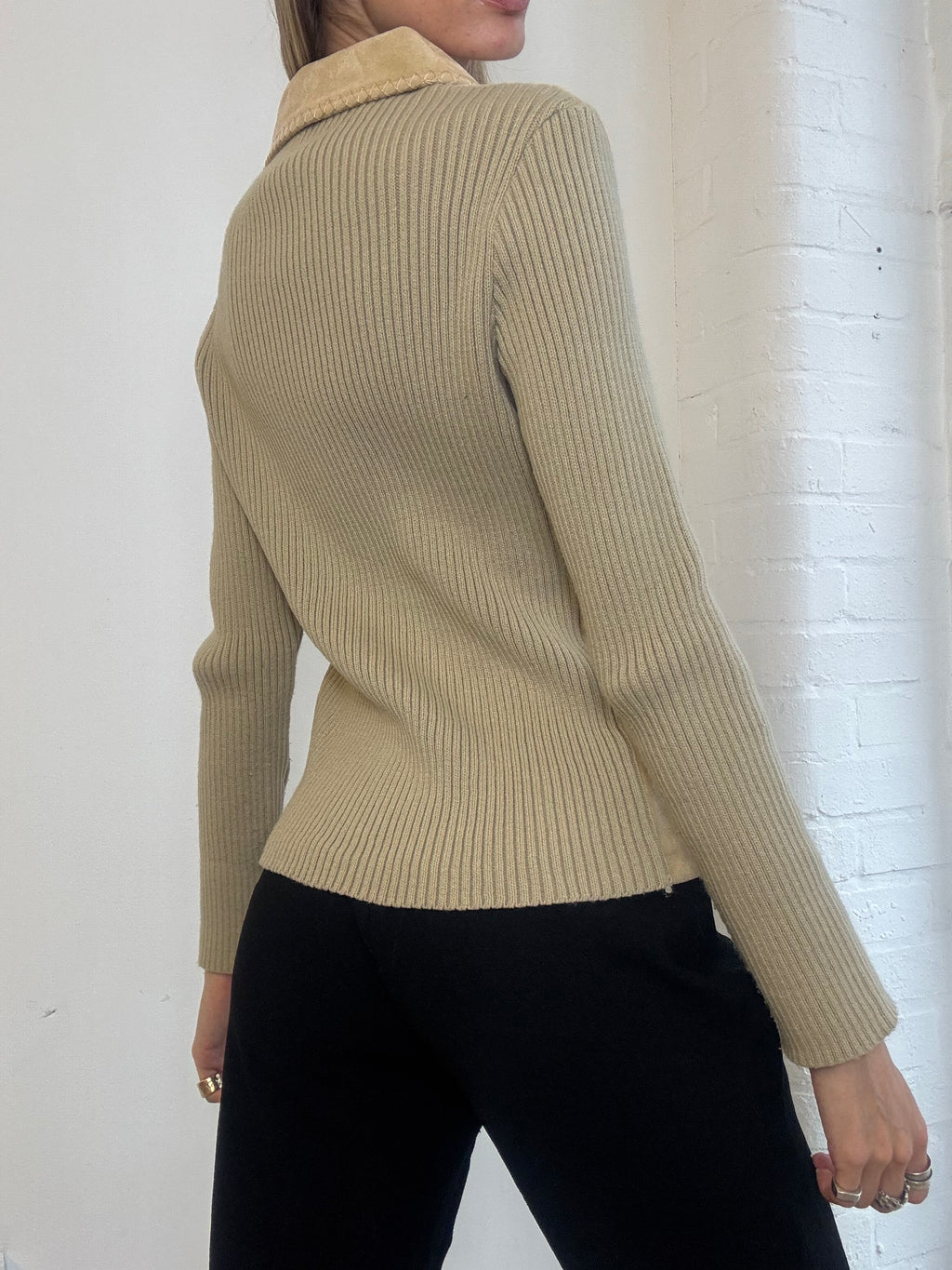 Vintage Y2K List Beige Faux Suede & Rib Knit Zip Jacket - Size M