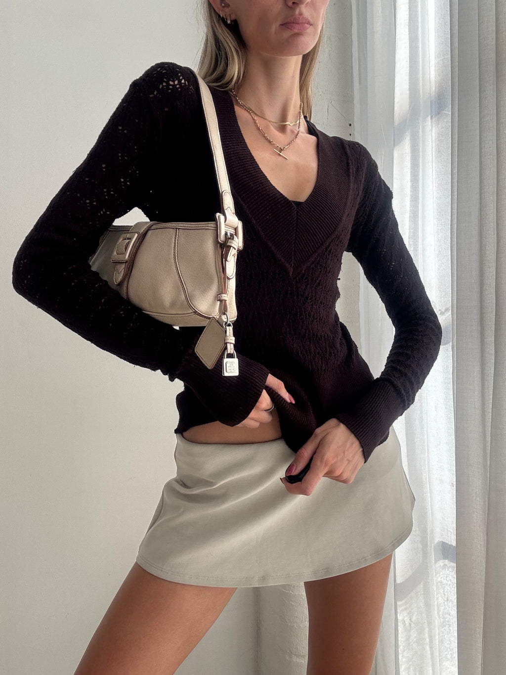 Vintage Y2K Dark Brown V Neck Knit Top Jumper - Size S