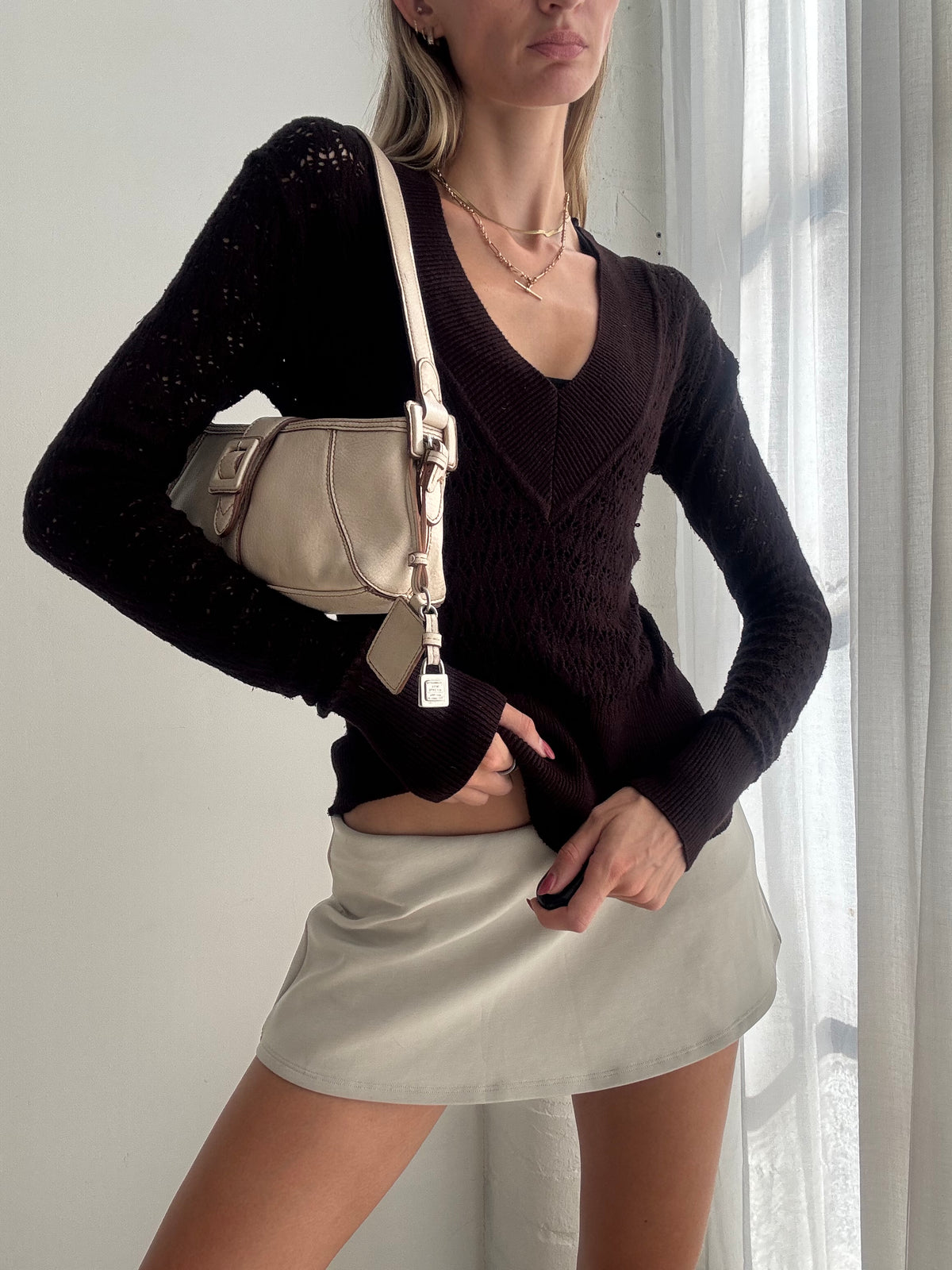 Vintage Y2K Dark Brown V Neck Knit Top Jumper - Size S