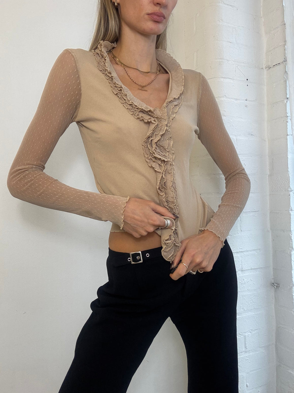 Vintage Y2K Morgan De Toi Beige Ruffle Front Mesh Sleeve Top - Size S