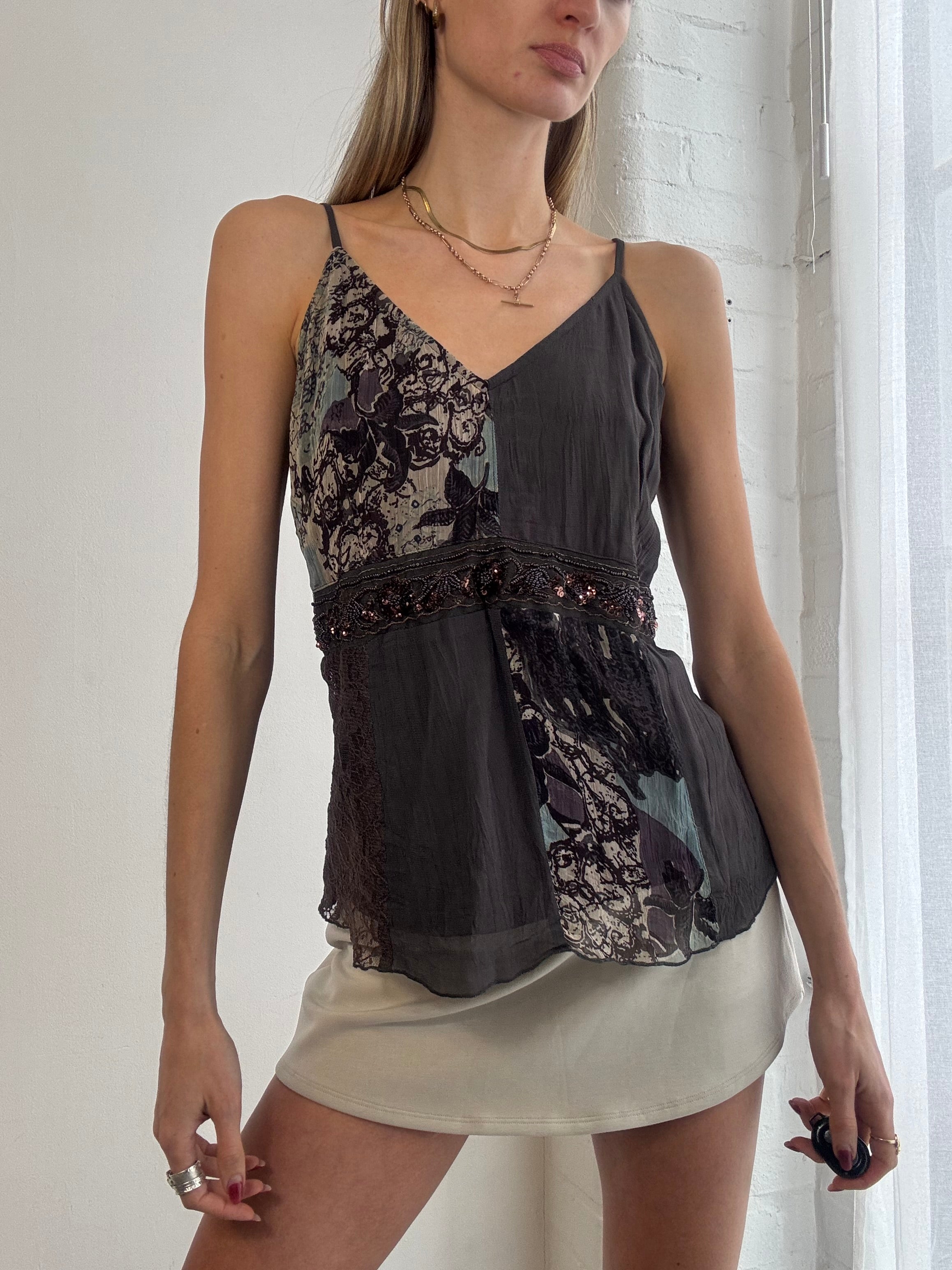 Vintage Y2K beaded lace patchwork cami top