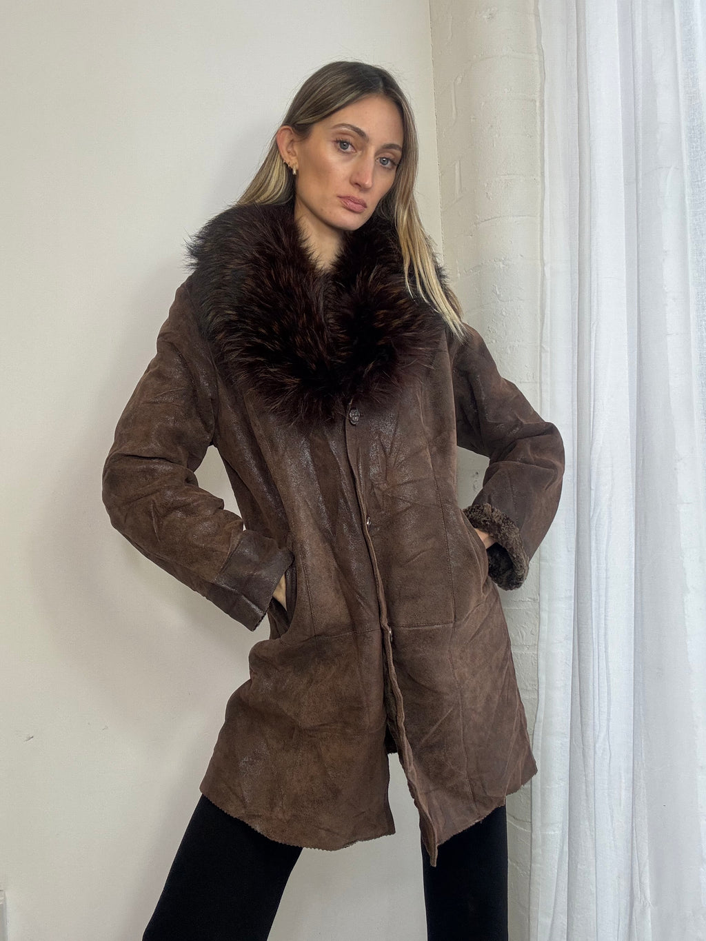 Vintage 90s brown leather & fur trim afghan coat
