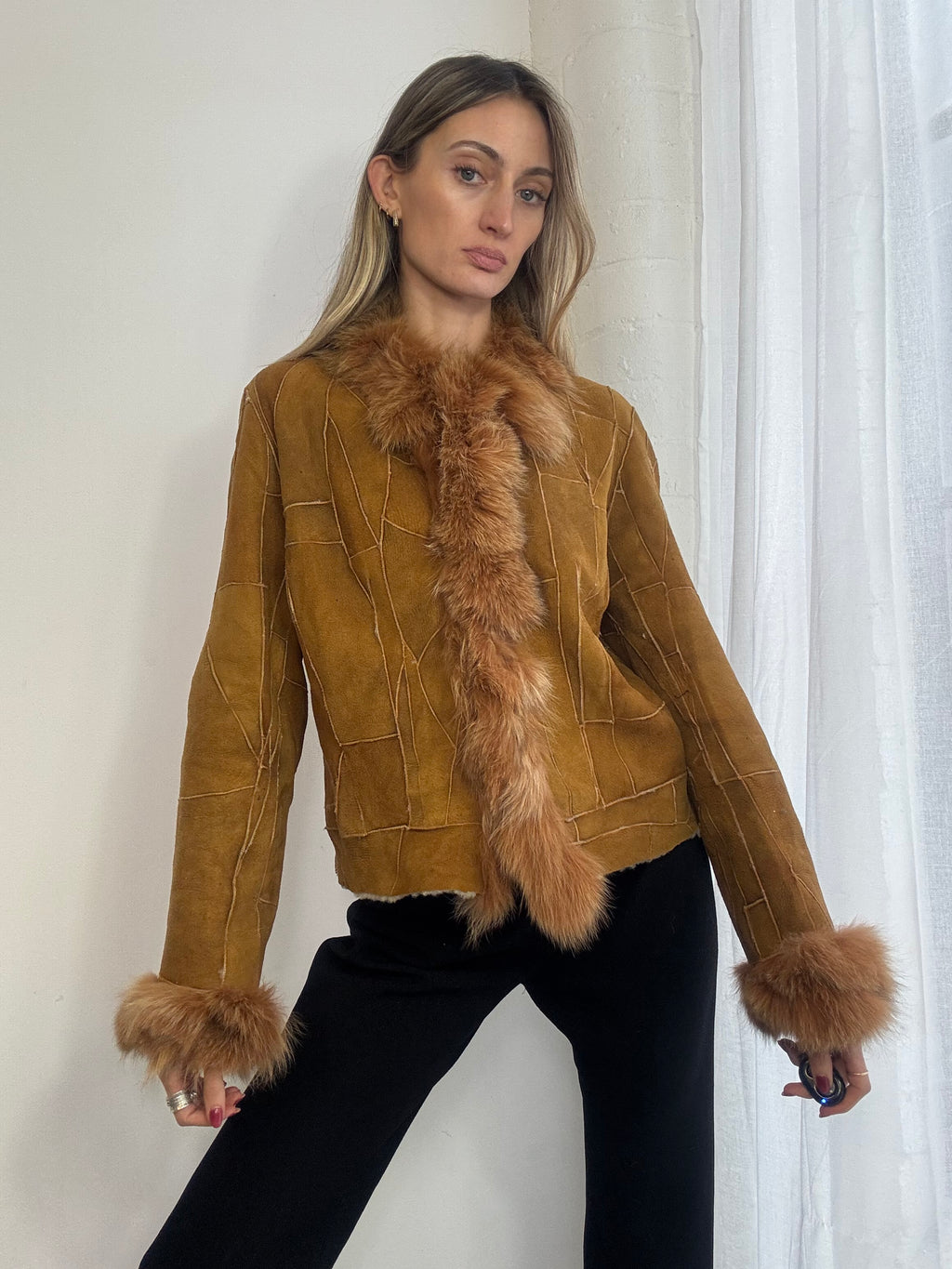 Vintage Y2K patchwork suede Afghan fur trim coat