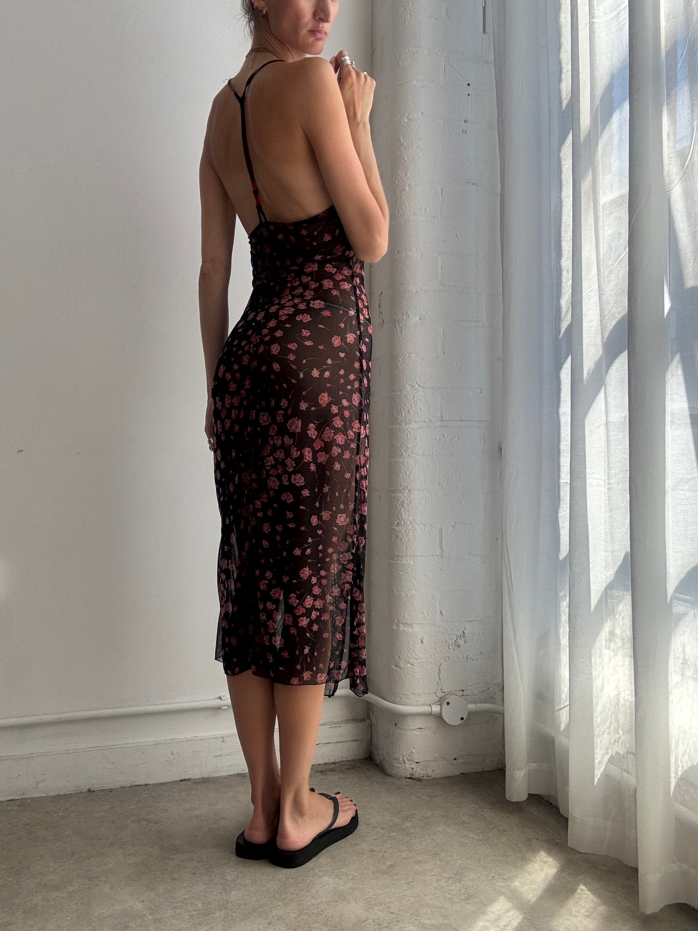 Vintage Floral Mesh Slip Dress Y2K - Size M