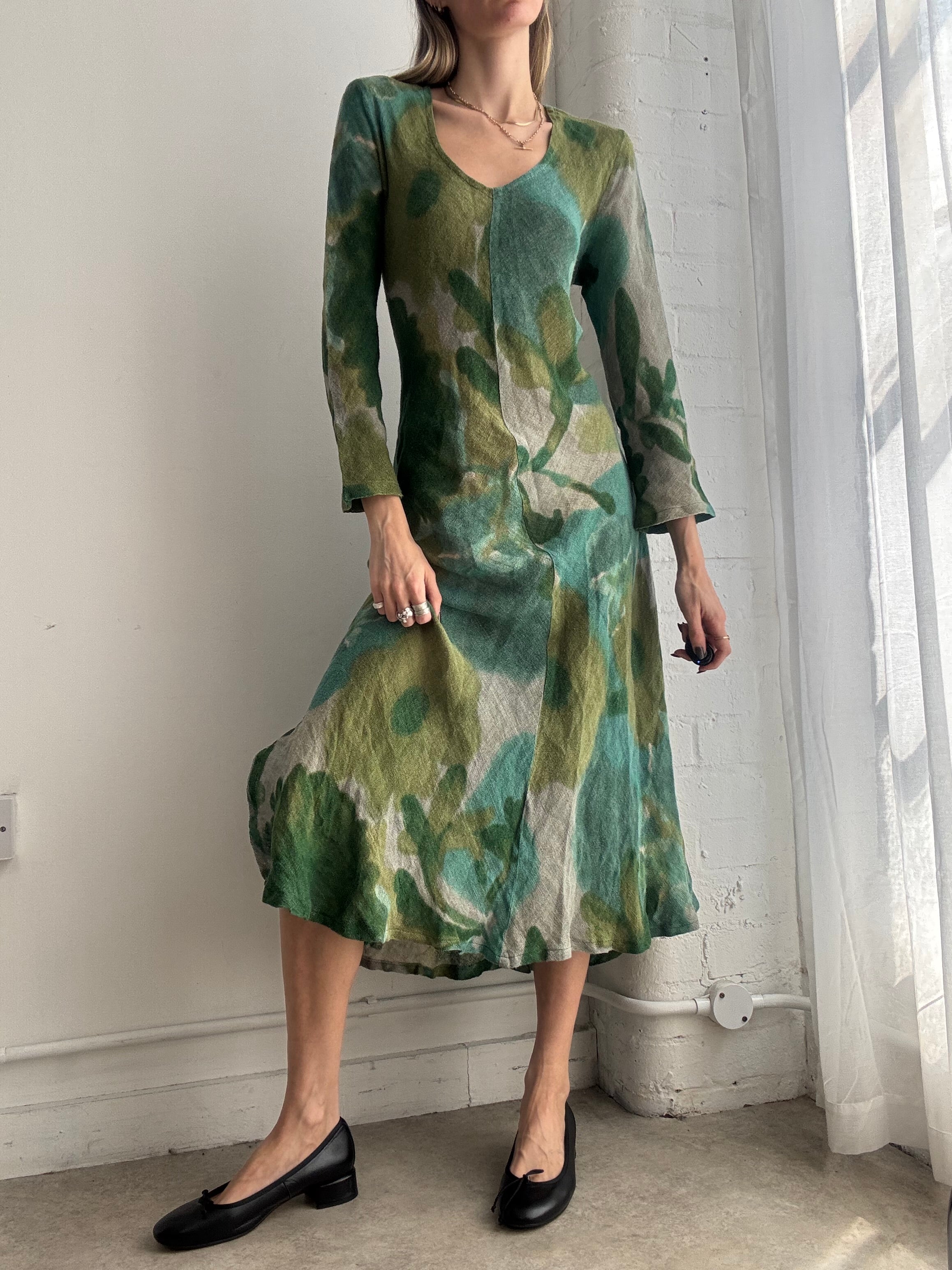 Vintage green linen abstract floral midi dress - Size M