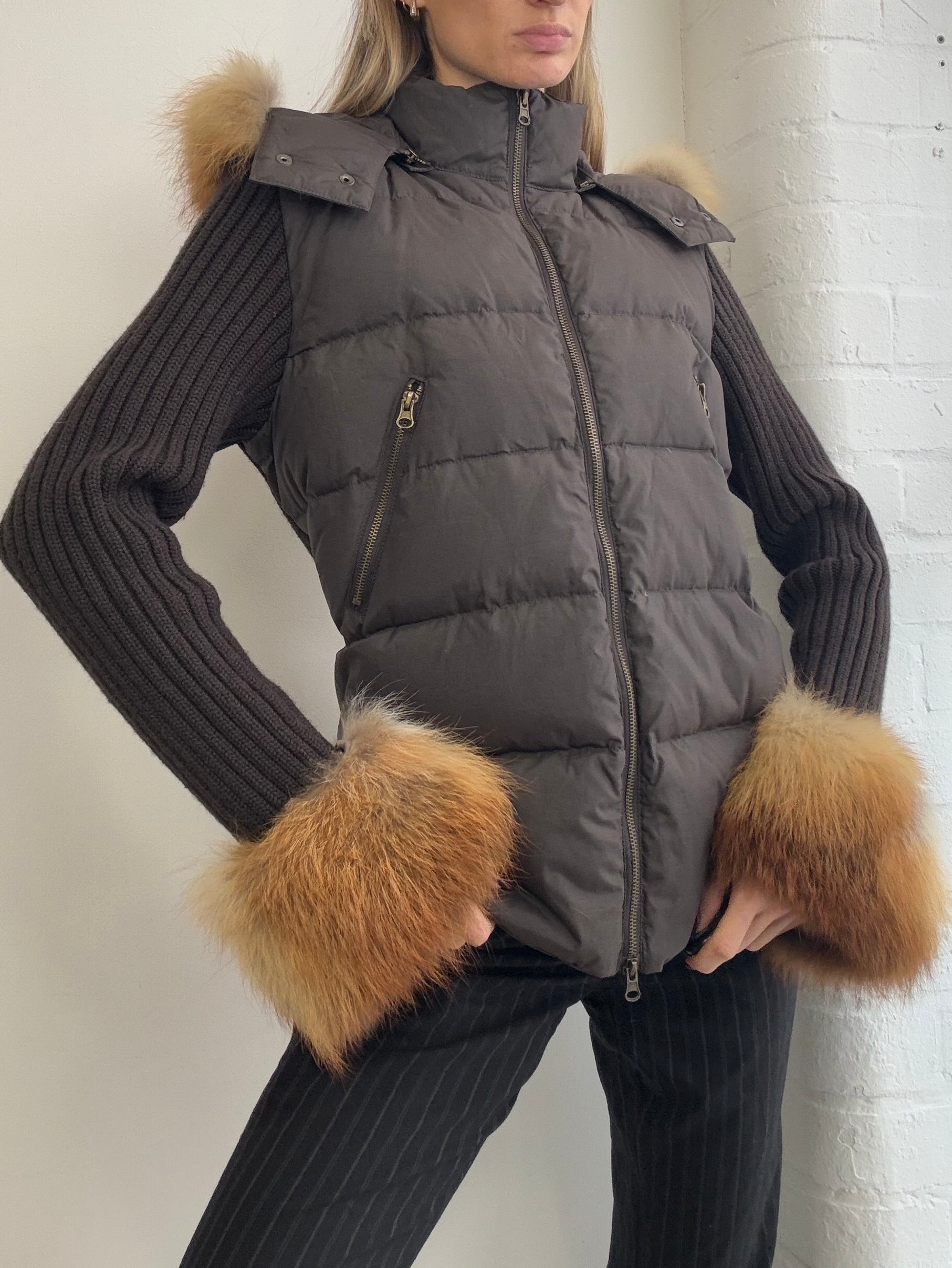 Vintage Y2K brown zip up puffer jacket fur trim