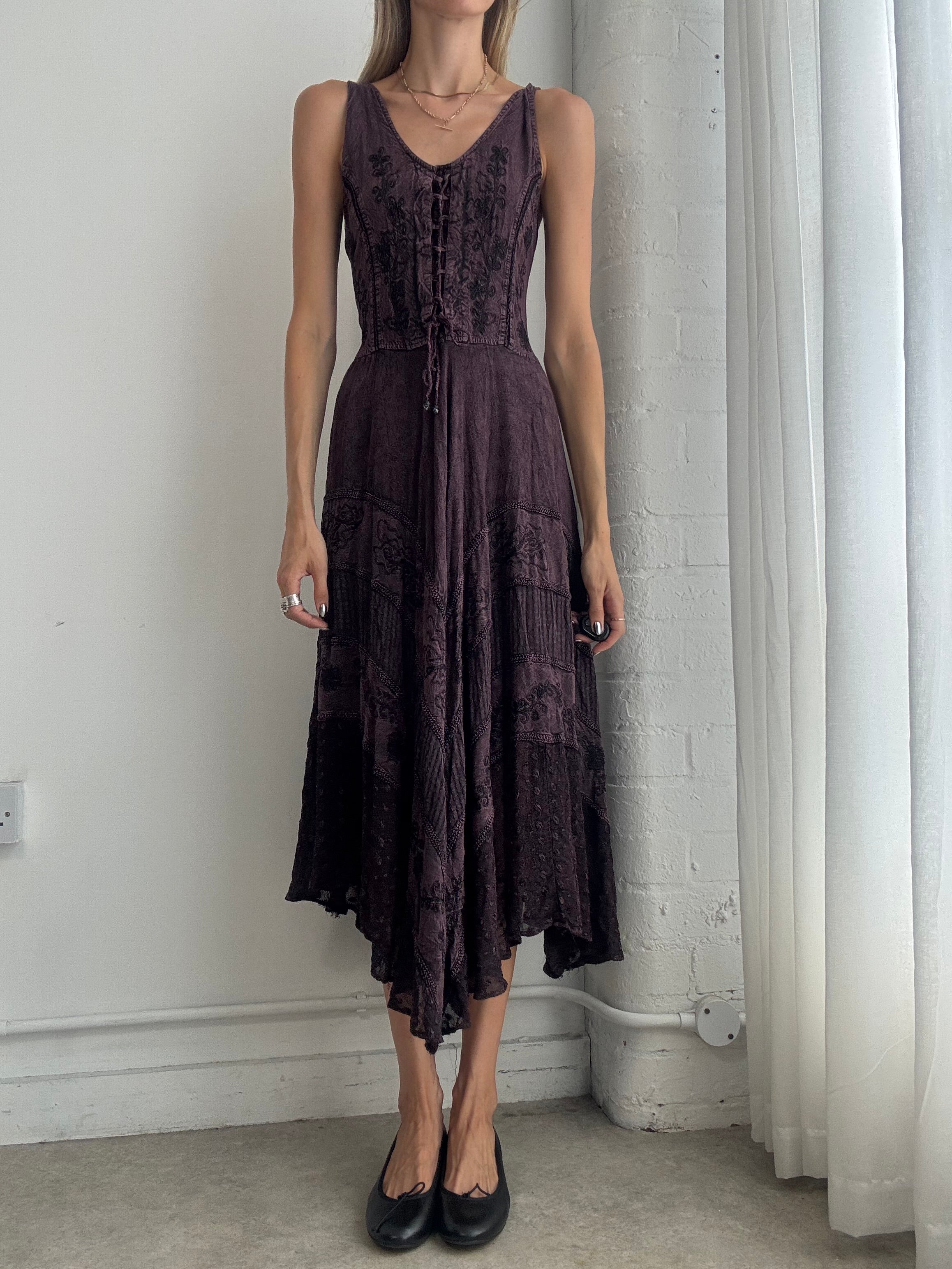 Vintage Y2K Purple Embroidered Handkerchief Hem Midi Dress – Size L