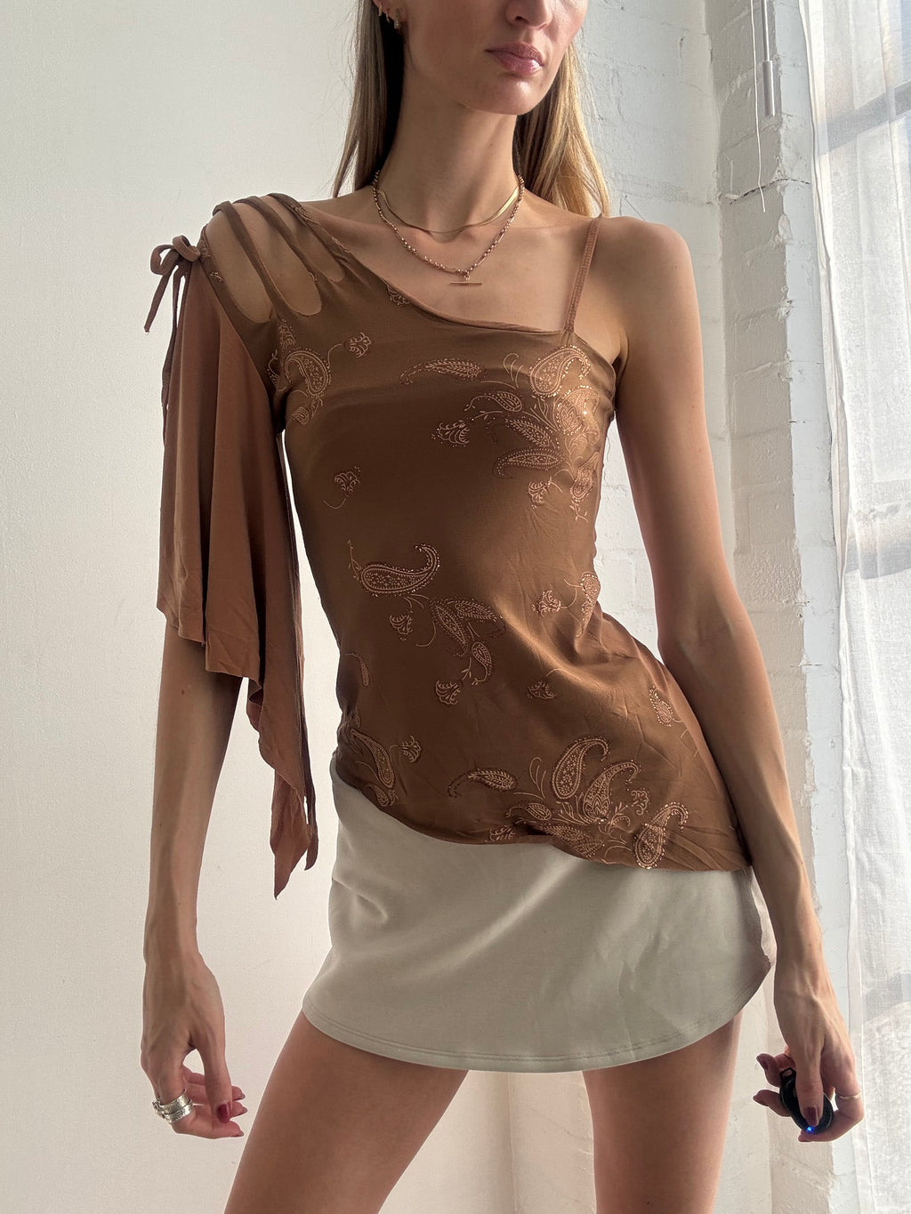 Vintage Y2k One Shoulder Asymmetric Brown Paisley Print Top