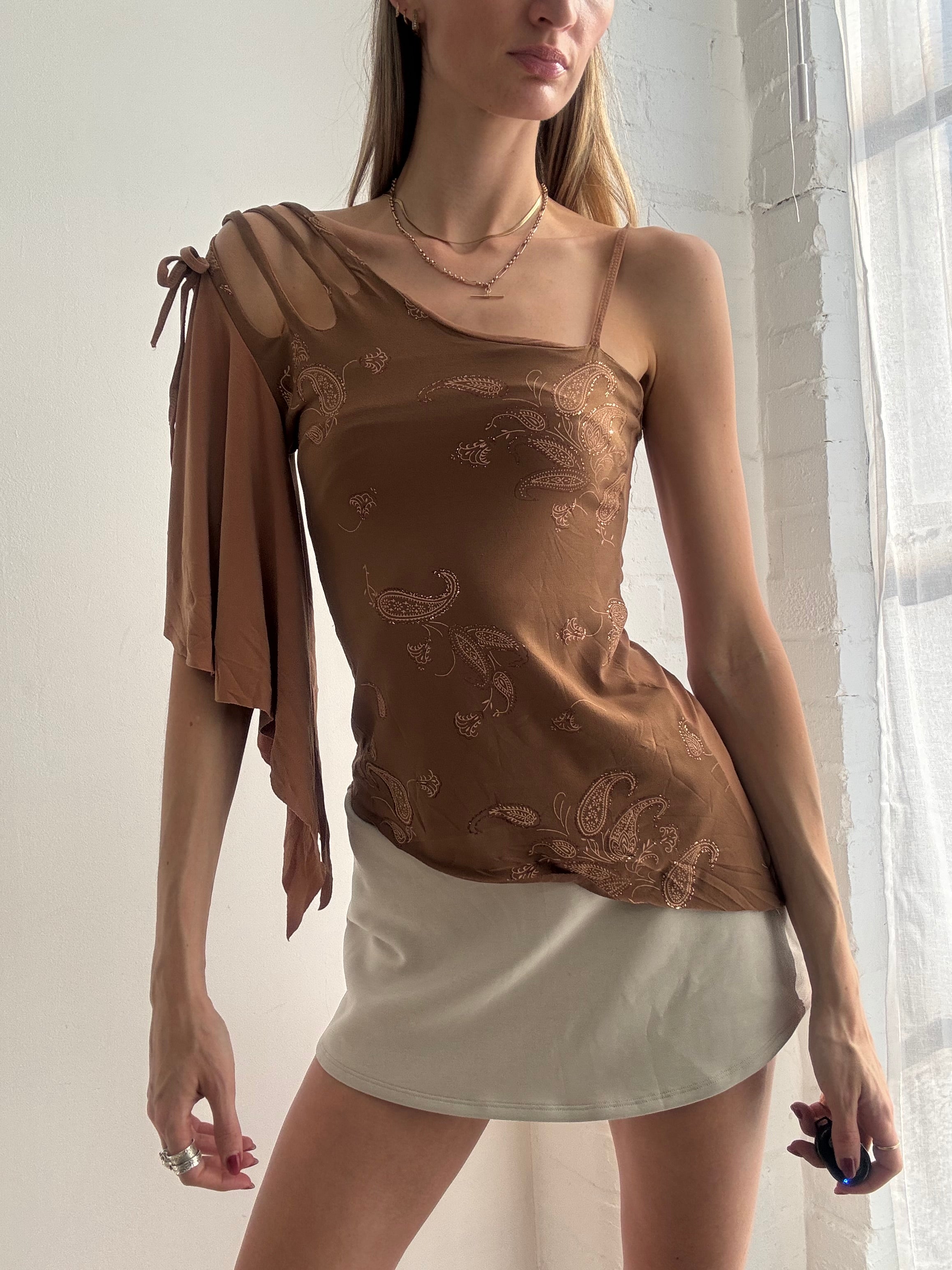 Vintage Y2k One Shoulder Asymmetric Brown Paisley Print Top