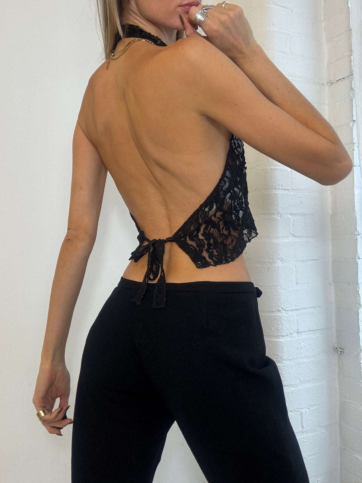 Vintage Y2K List Black Sequin Lace Backless Halter Top - Size S