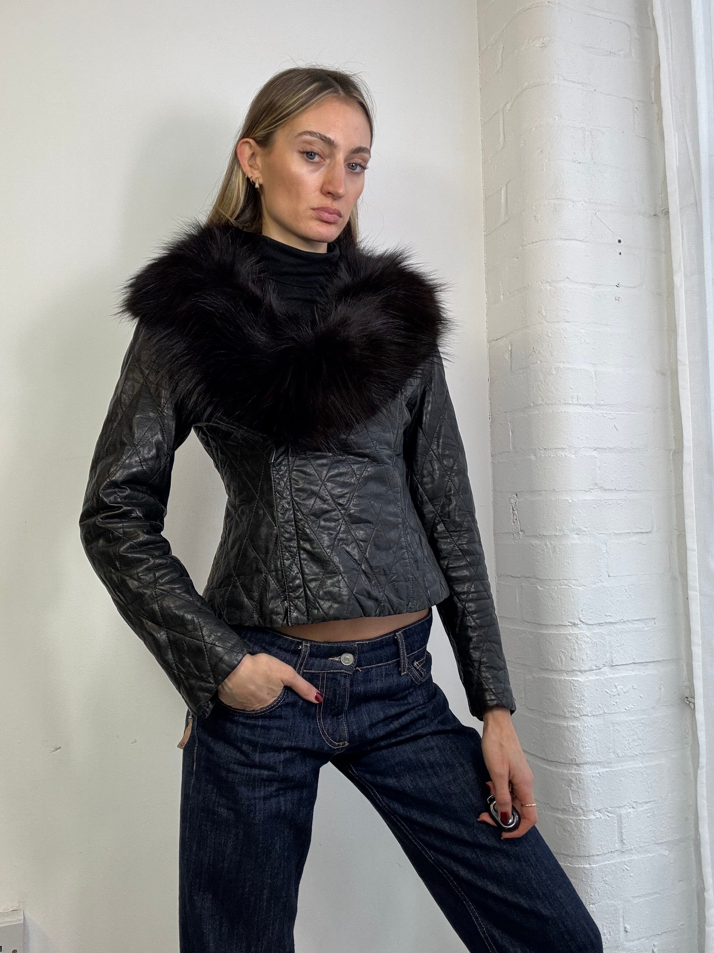 Vintage Y2K asymmetric leather biker jacket with fur trim