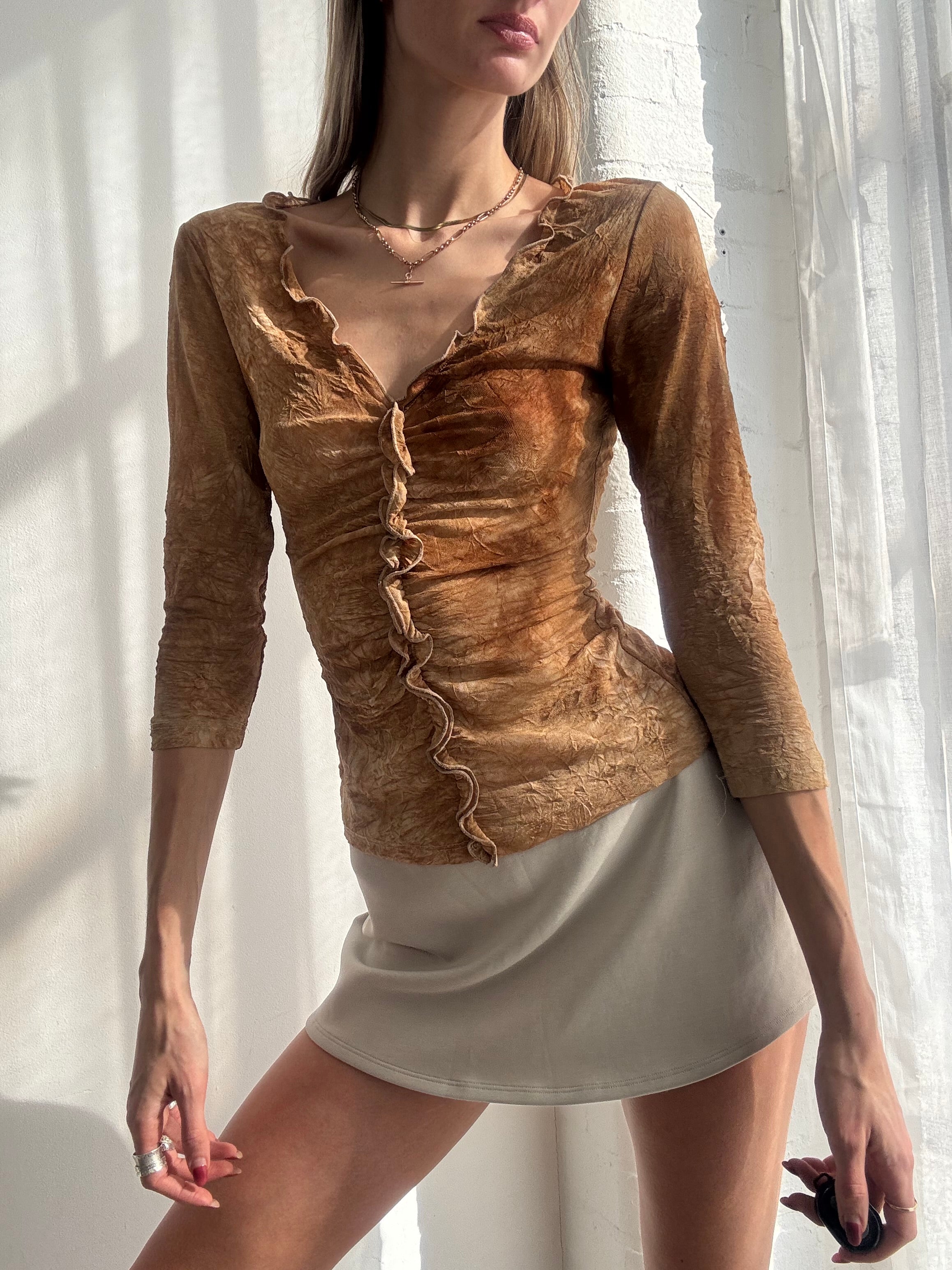 Vintage Y2K brown ruched ruffle mesh long sleeve top