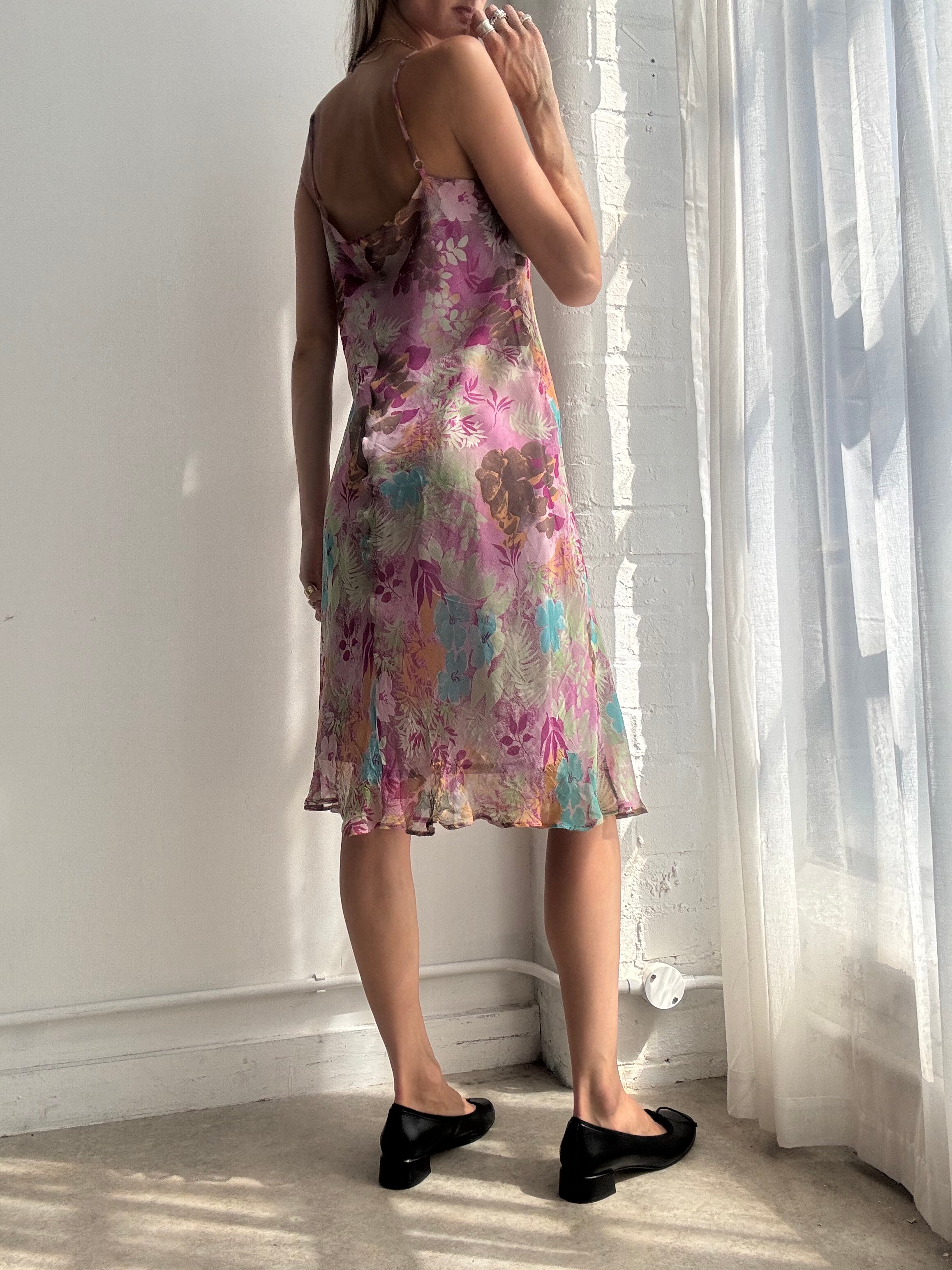 Vintage Y2K Pink Floral Silk Slip Dress - Size M/L