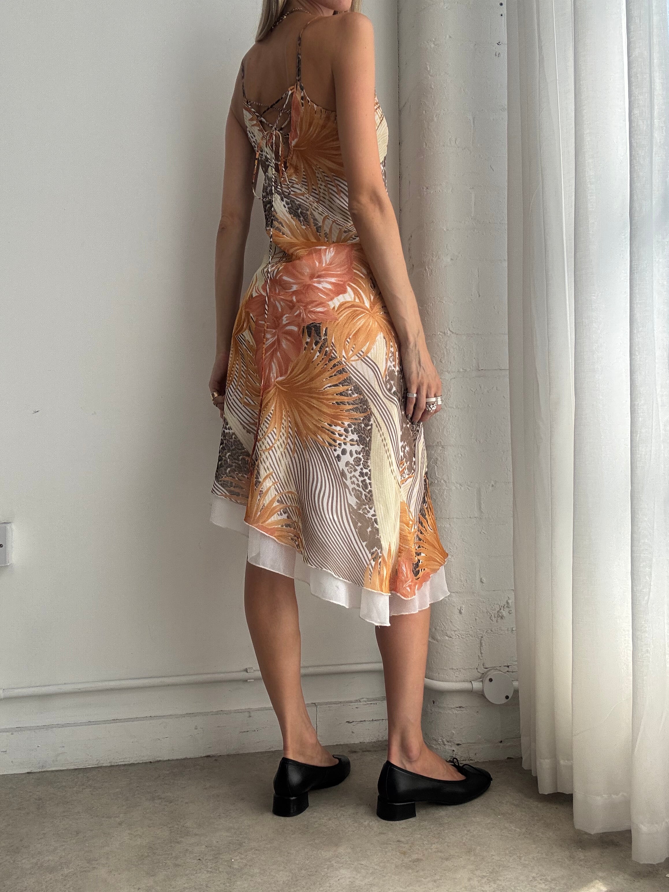 Vintage Y2K Orange Floral Asymmetric Slip Dress – Bias Cut Midi Summer Dress - Size S