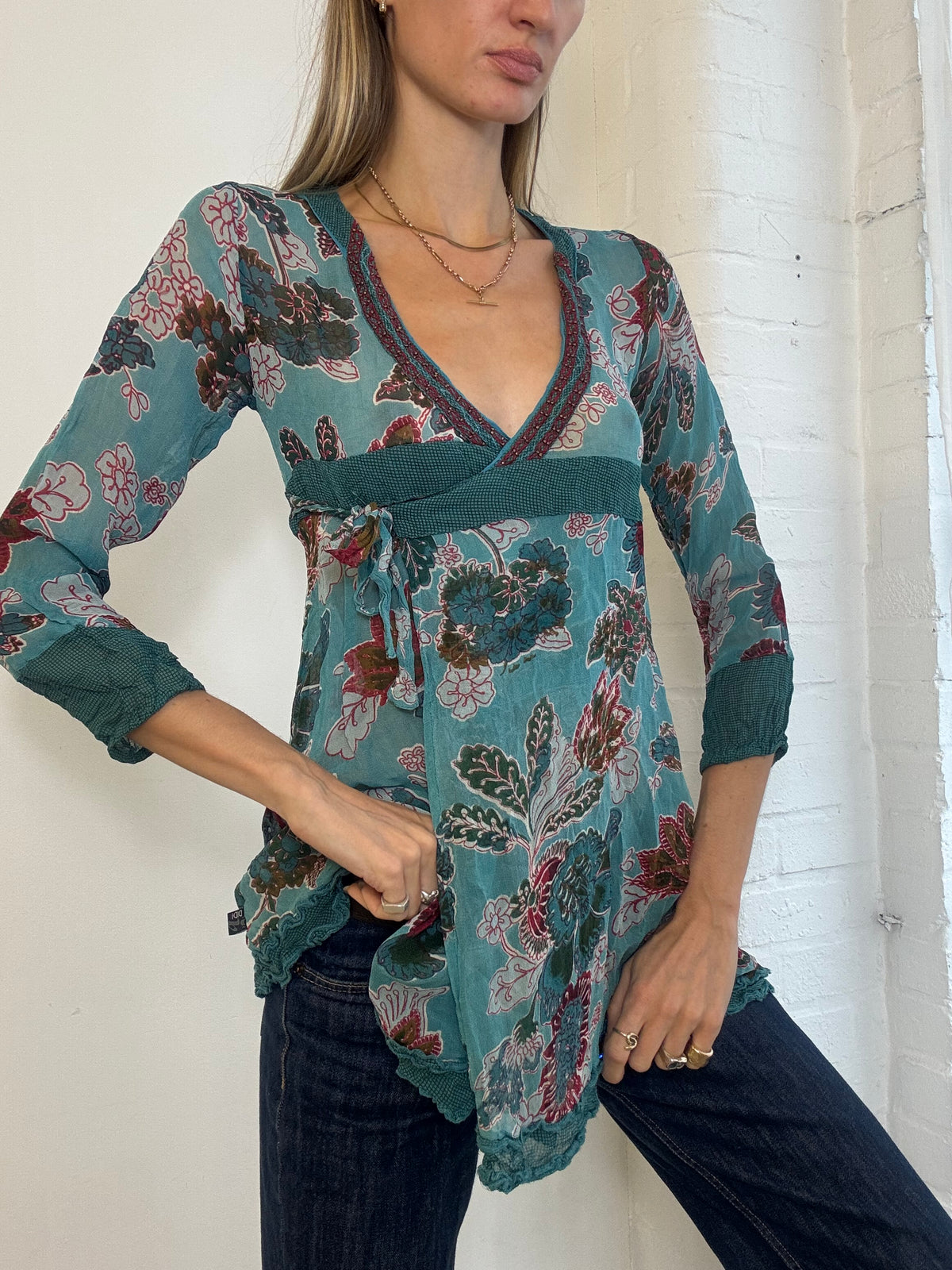 Vintage Y2K Didi Teal Floral Mesh Empire Waist Tunic Top - Size S