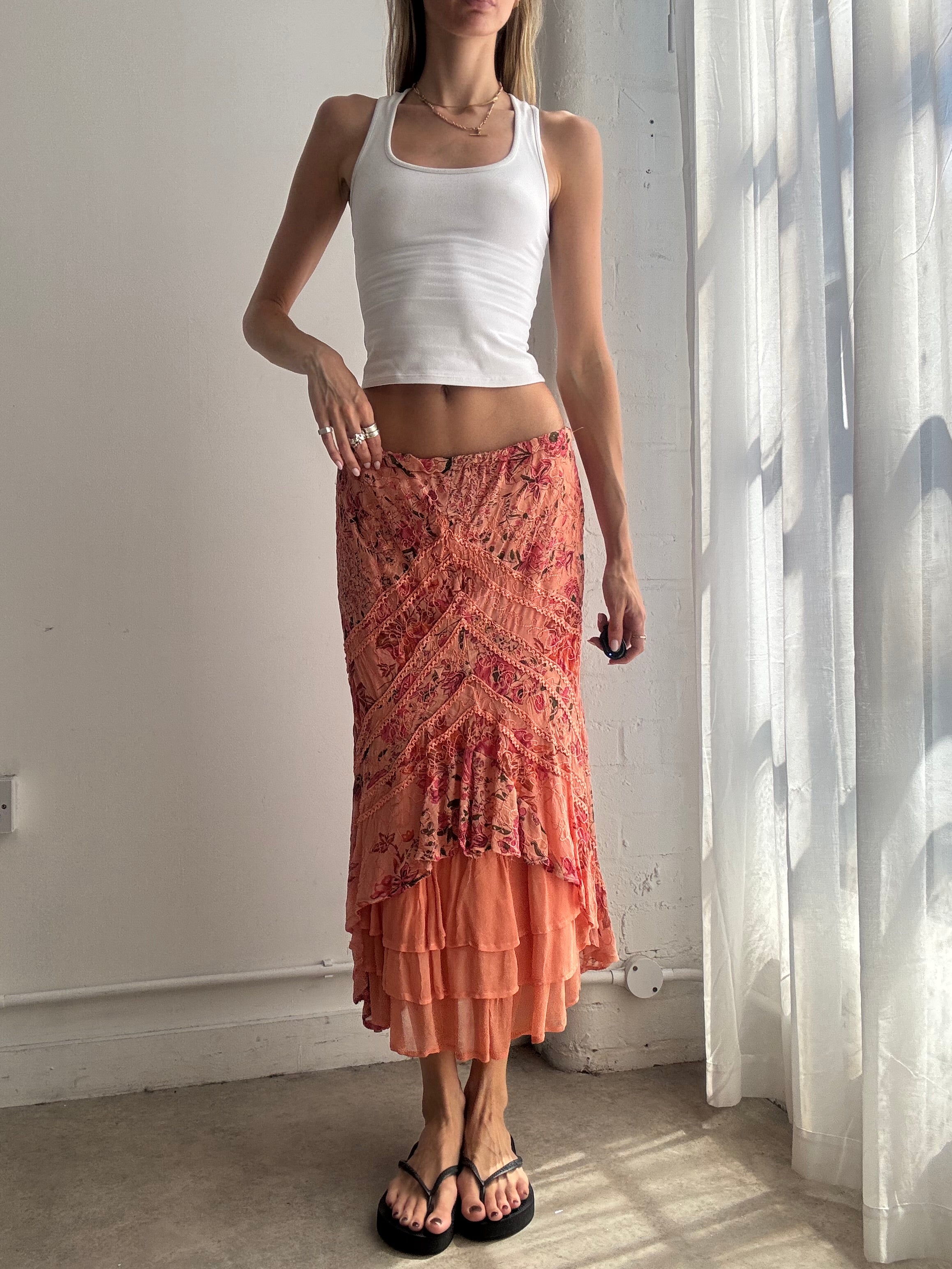 Vintage Coral Floral Maxi Skirt Y2K - Size S/M