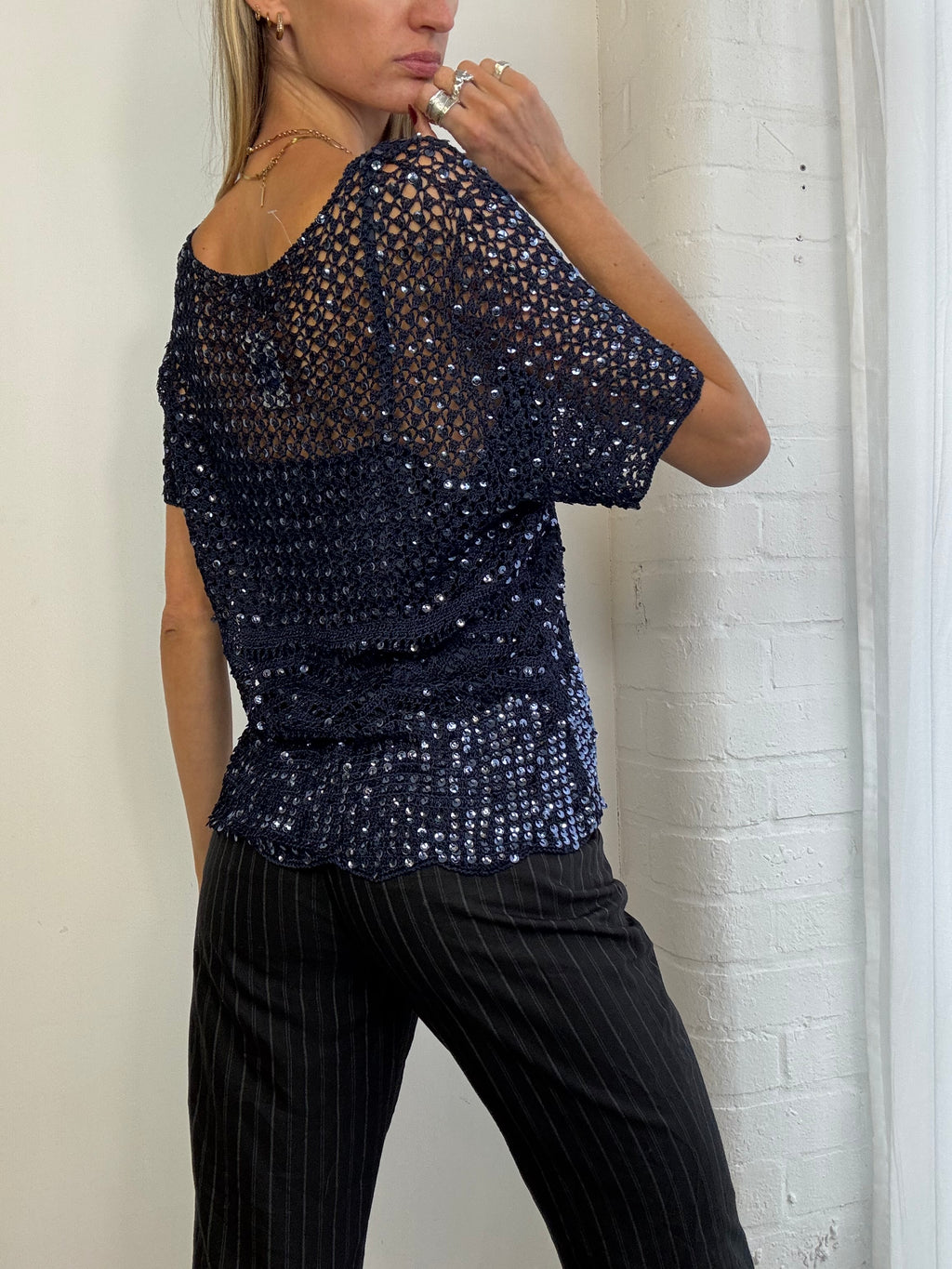 Vintage Y2K crochet & sequin top in navy
