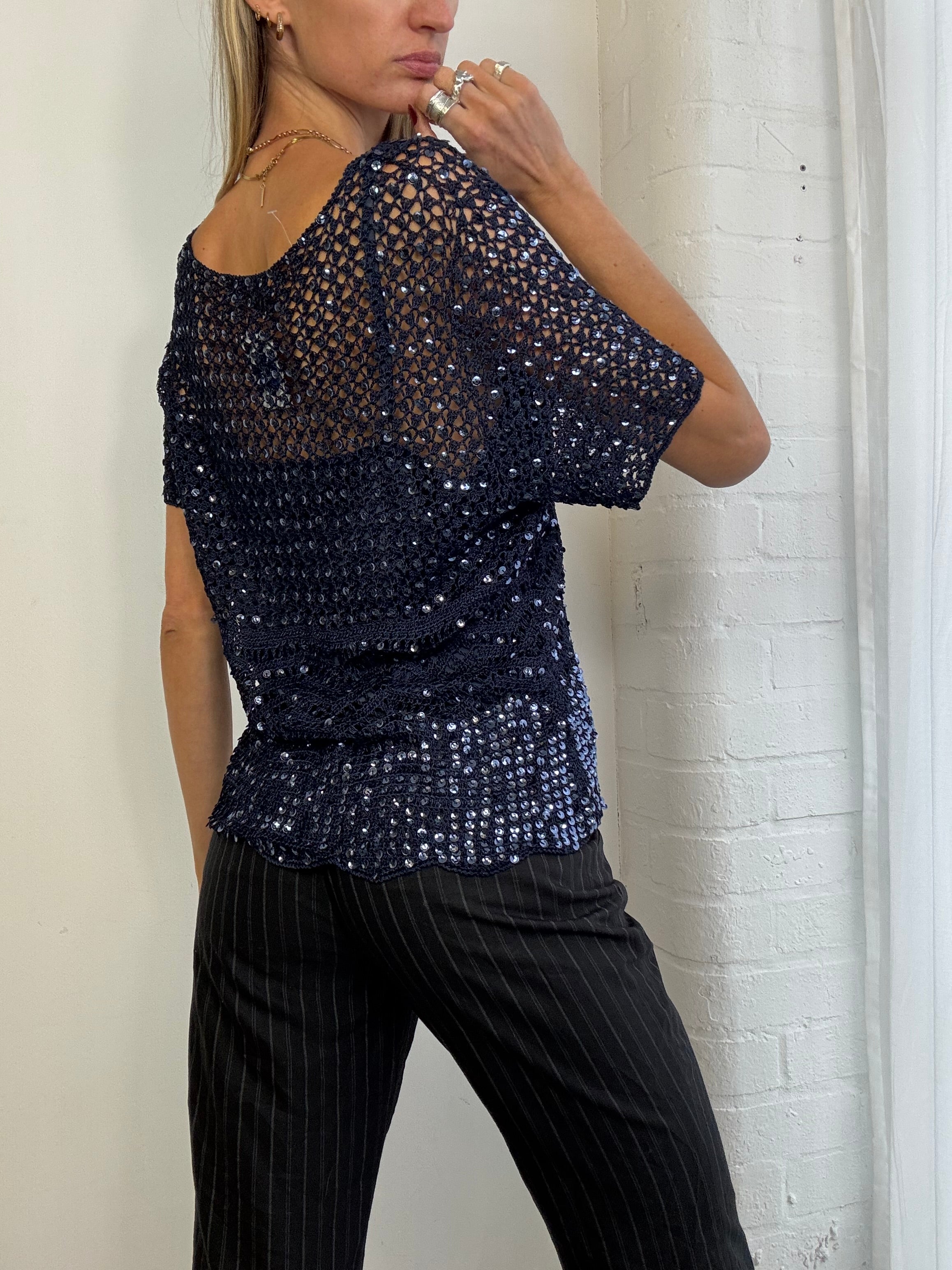 Vintage Y2K crochet & sequin top in navy