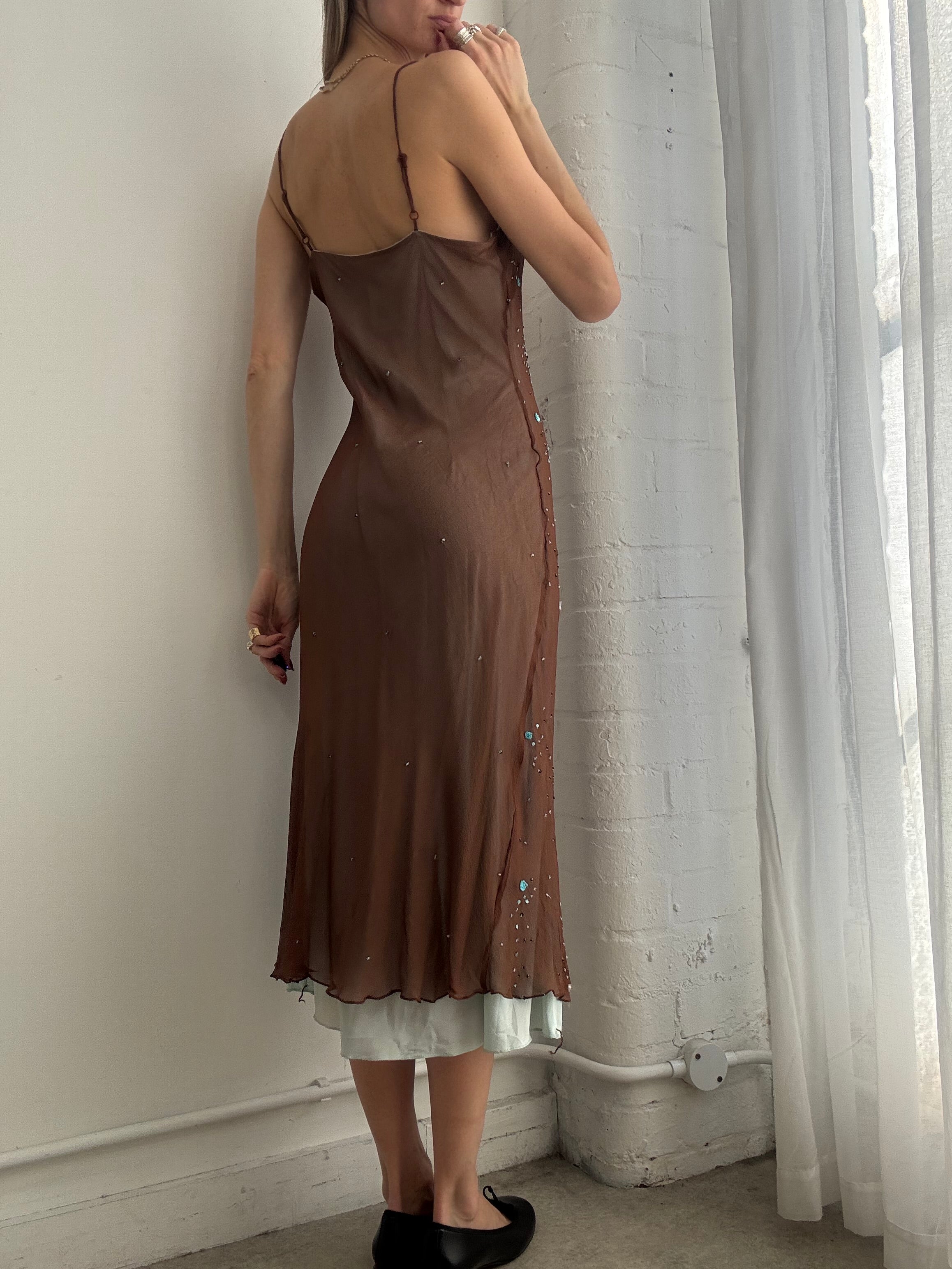 Vintage Y2K brown & blue cowl neck mesh slip dress