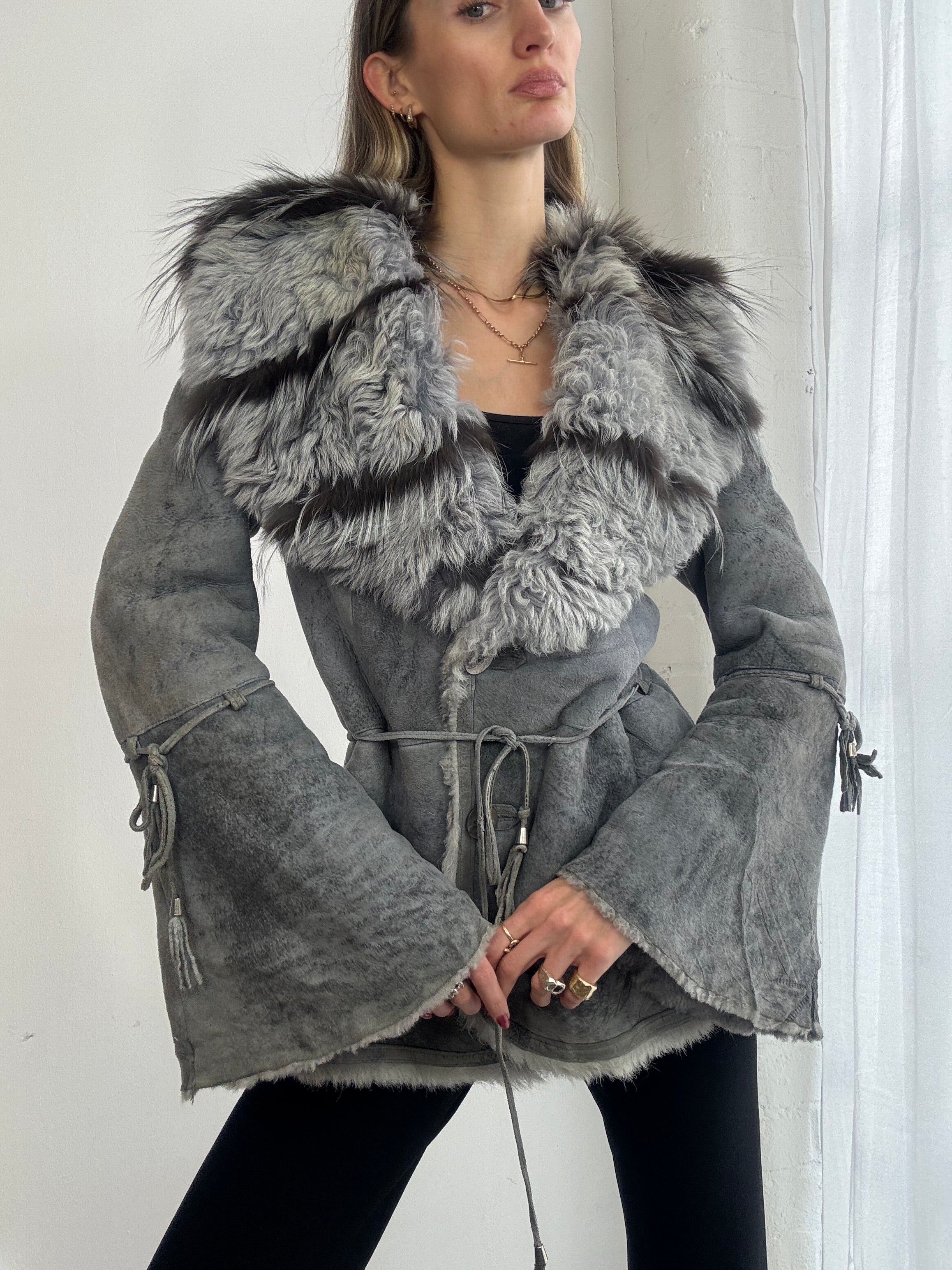 Vintage Y2K dusky blue afghan suede & fur coat