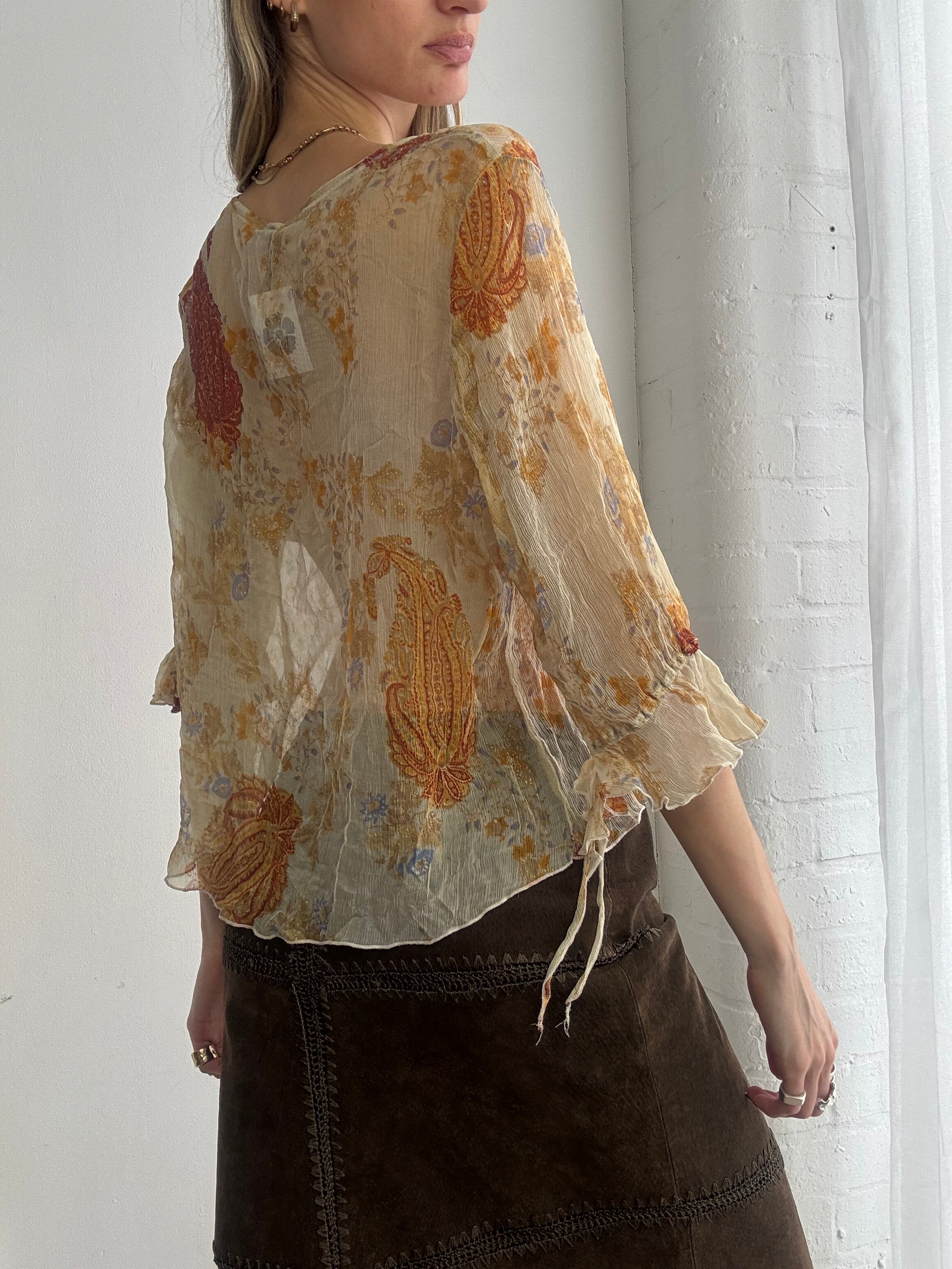 Vintage Y2K sheer floral tie-front silk blouse - Size L