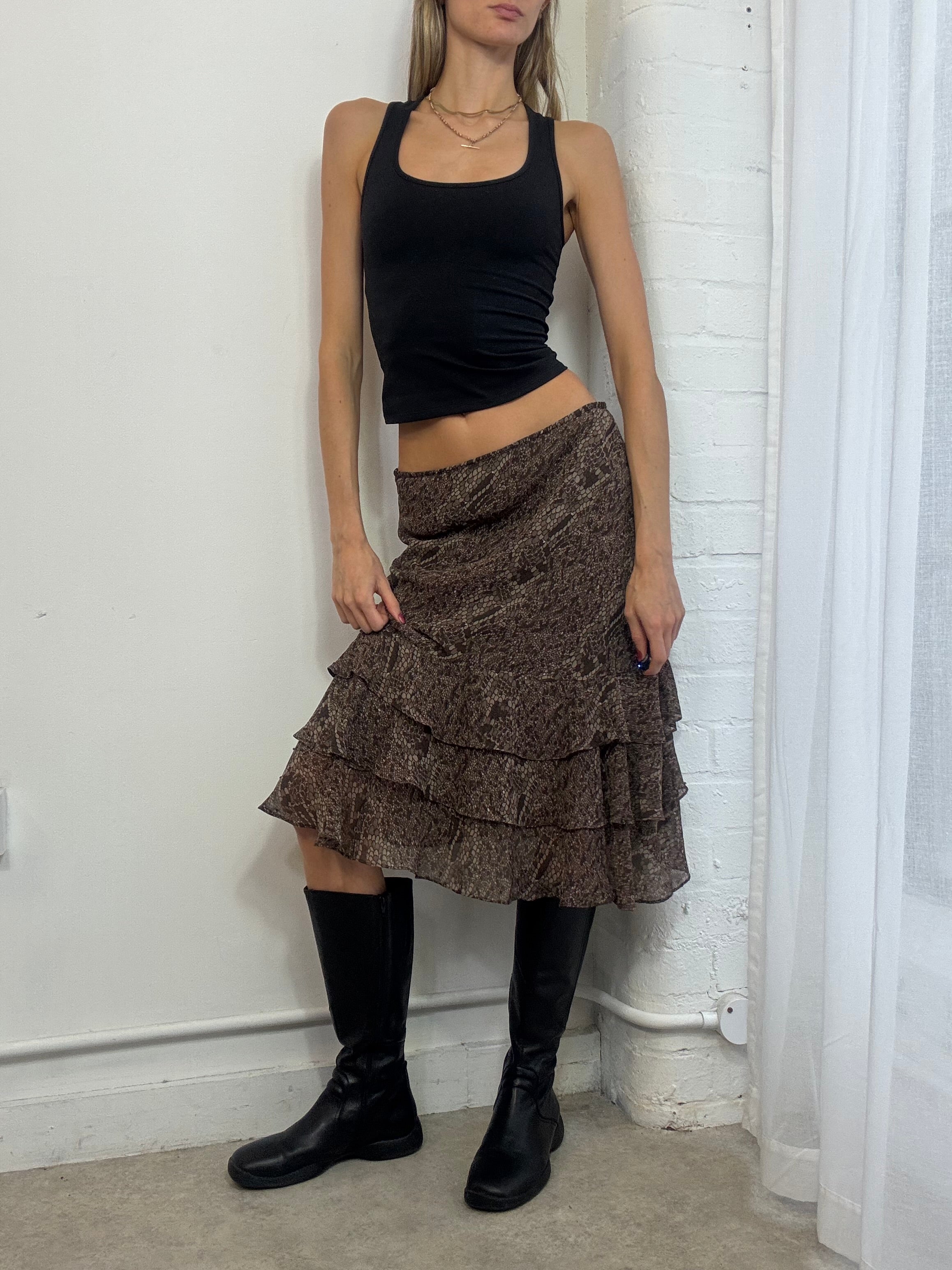 Vintage Y2K brown floral mesh ruffle midi skirt