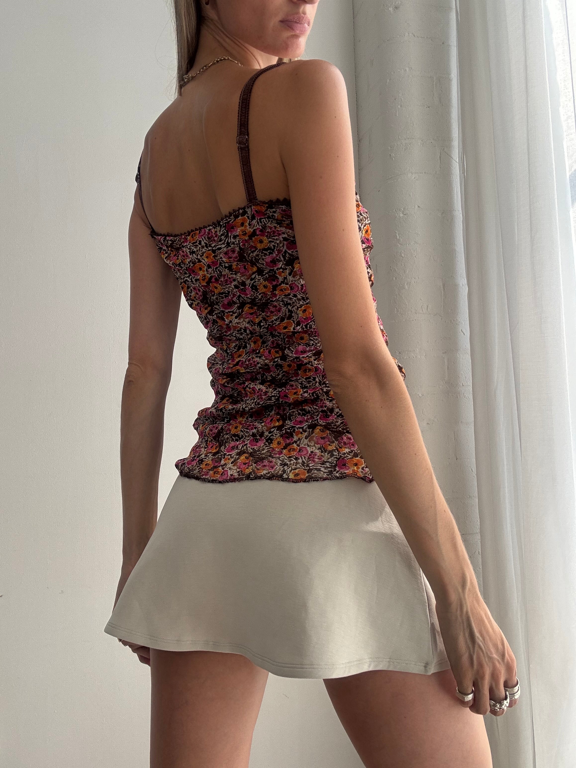 Vintage Y2K Floral Mesh Cami Top – Brown Lace Trim Stretch Tank - Size S
