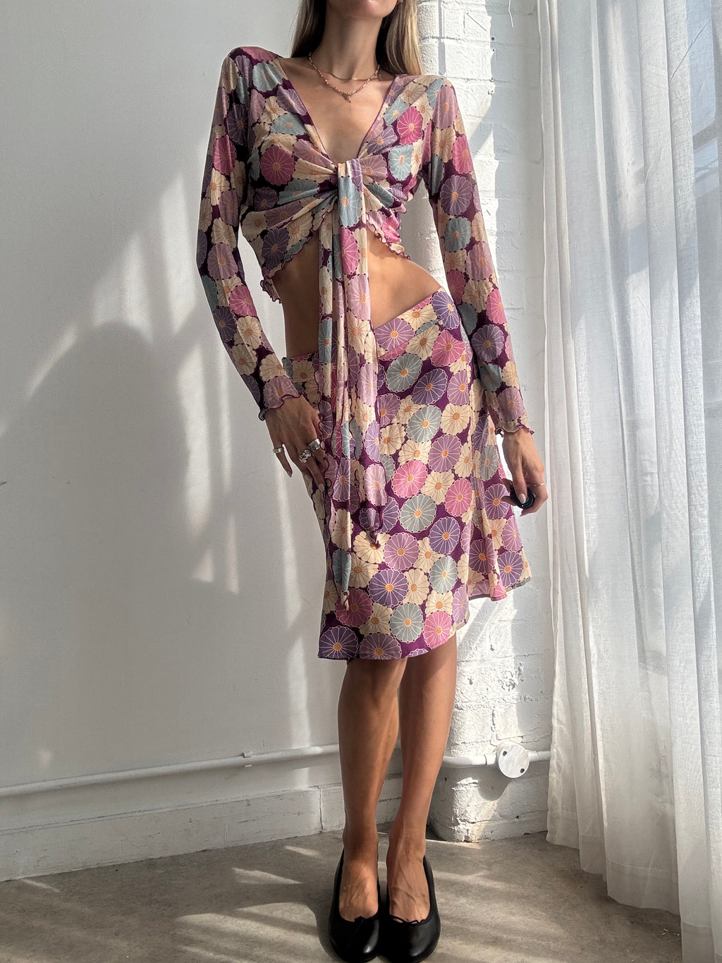 Vintage Y2K Silk Floral Two Piece Skirt & Top Set - Size M