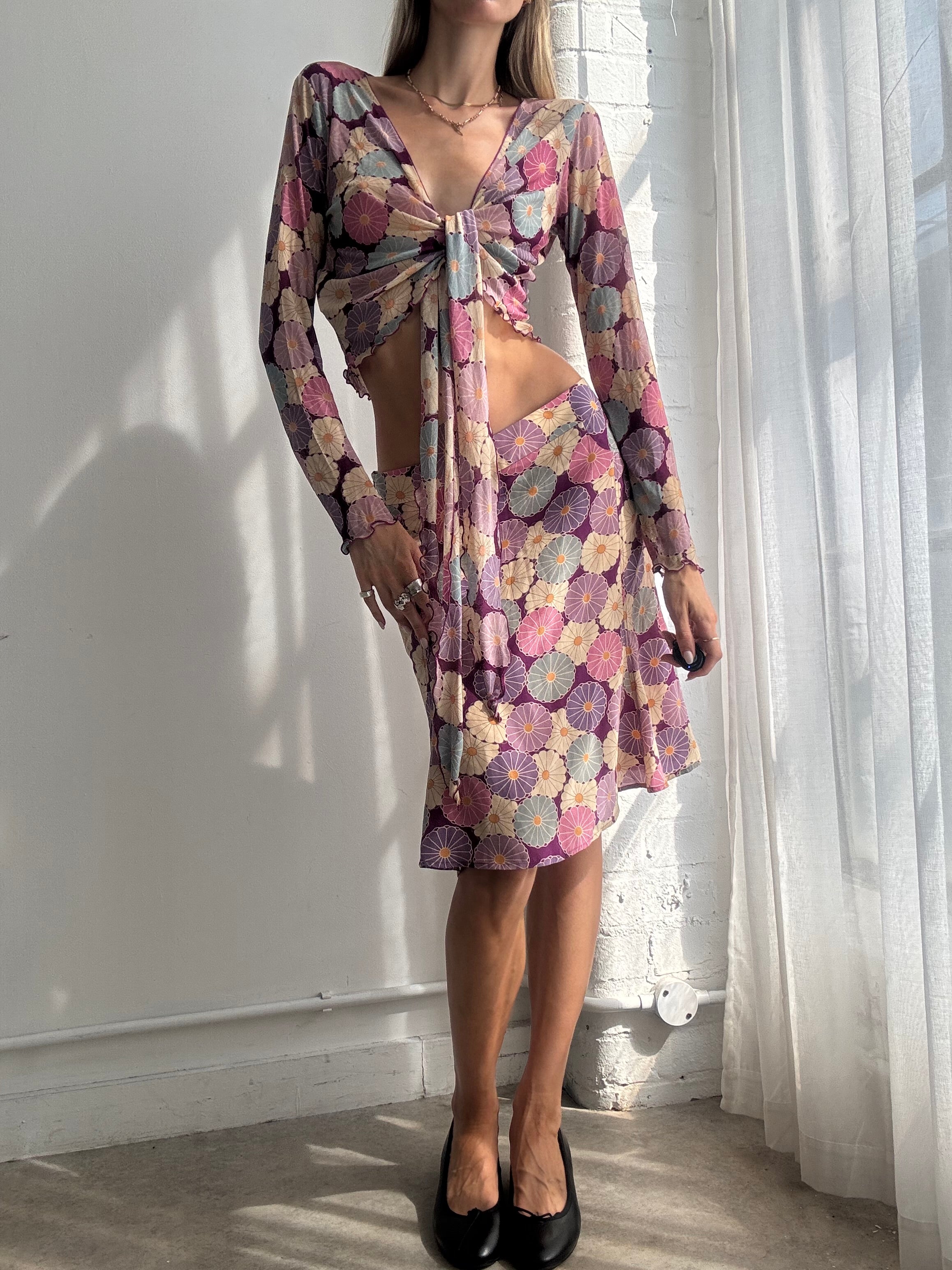 Vintage Y2K Silk Floral Two Piece Skirt & Top Set - Size M