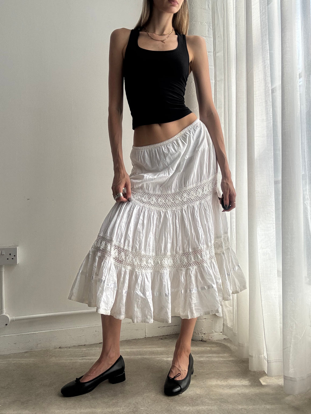 Vintage white tiered prairie midi skirt - size XS/S