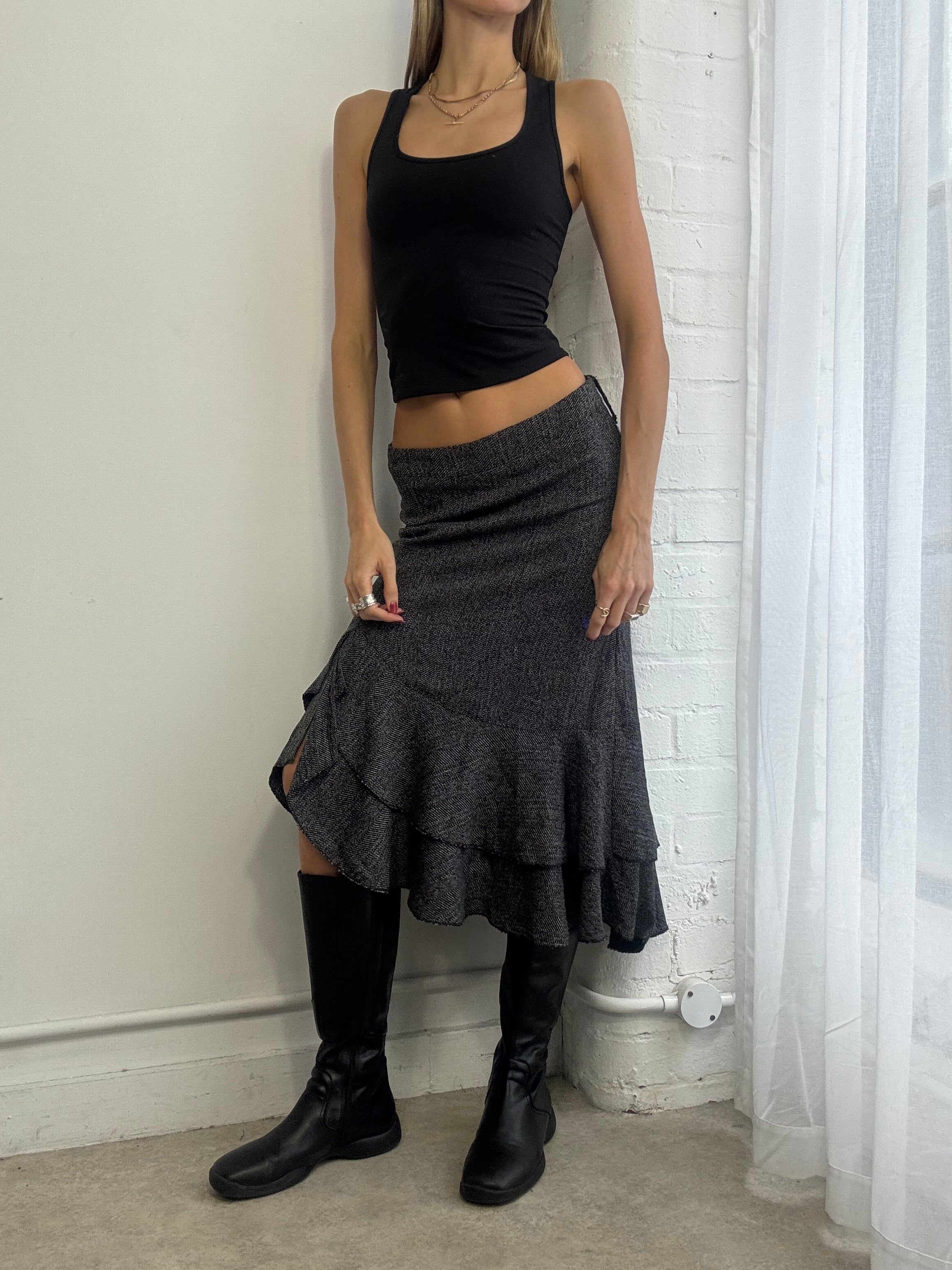Vintage Y2K grey woven midi skirt ruffle office